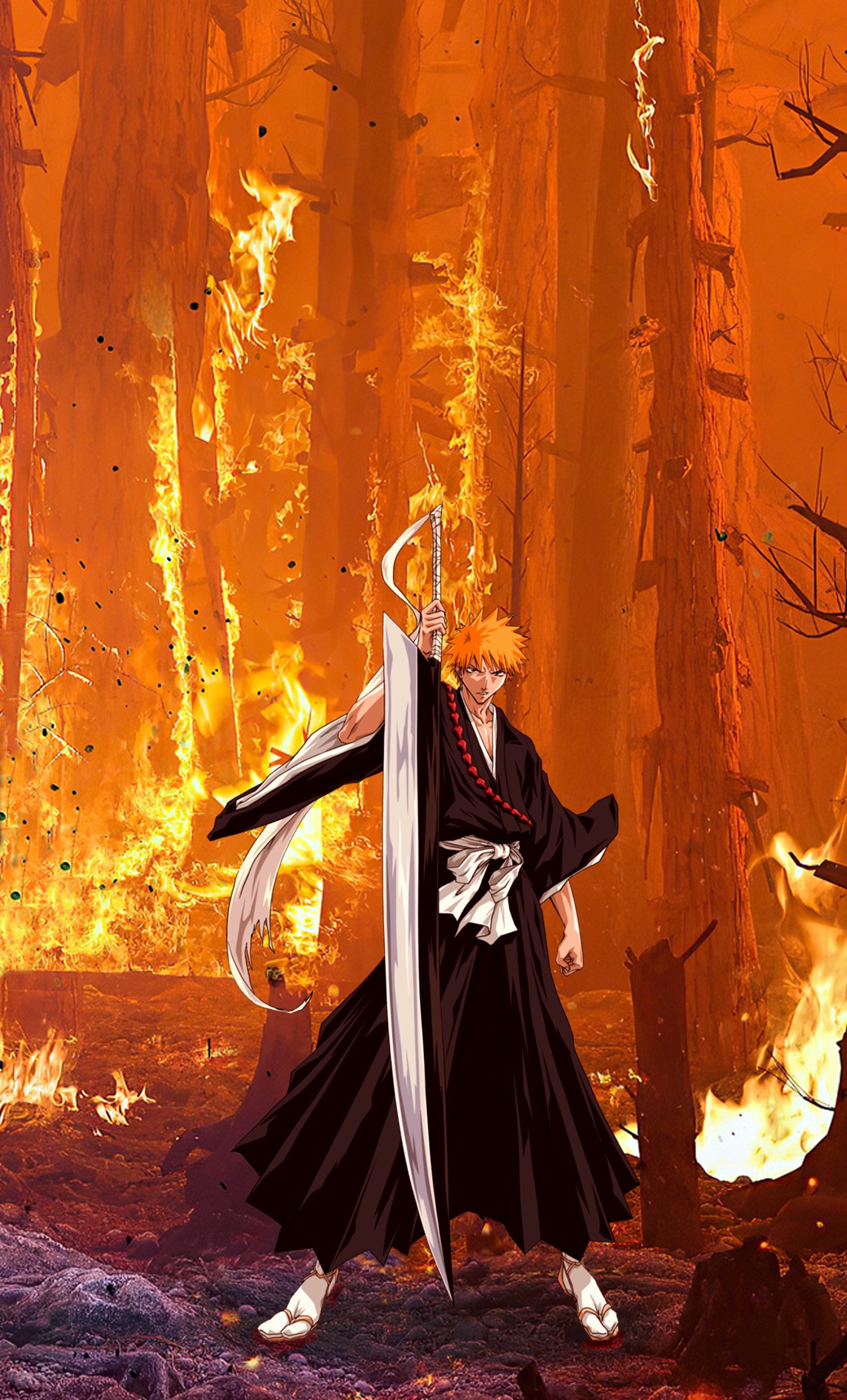 Phone wallpaper featuring Ichigo Kurosaki from the anime Bleach, standing in a fiery forest with his sword drawn, designed for iPhone and Android displays.