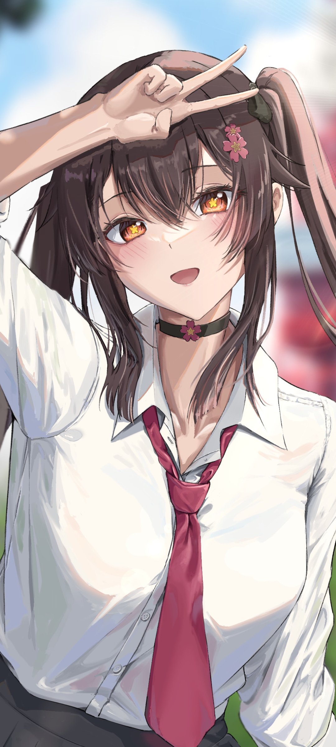 Hu Tao from the Genshin Impact video game, smiling in a school uniform with amber eyes and a peace sign — portrait phone wallpaper.