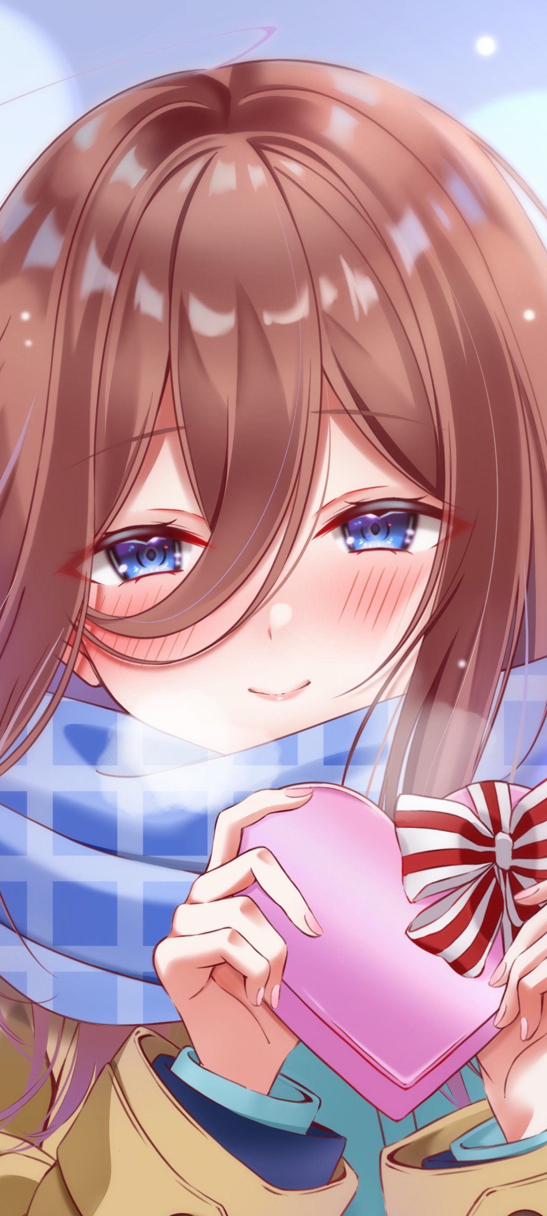 Anime phone wallpaper of Miku Nakano from The Quintessential Quintuplets — blushing close-up with blue eyes and a checkered scarf, holding a pink heart-shaped box tied with a ribbon.