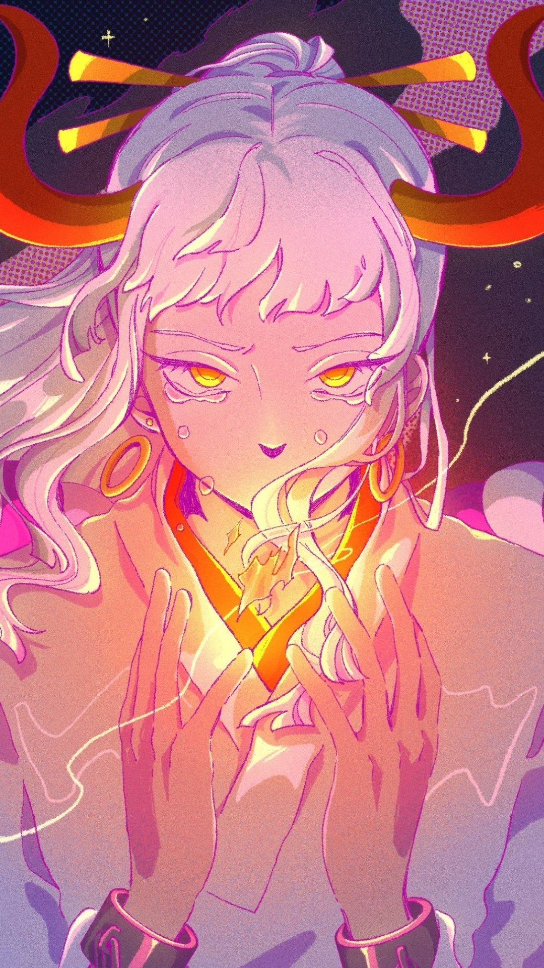 Anime-style phone wallpaper featuring Yamato from One Piece, glowing with warm tones and magical energy, designed for both iPhone and Android screens.