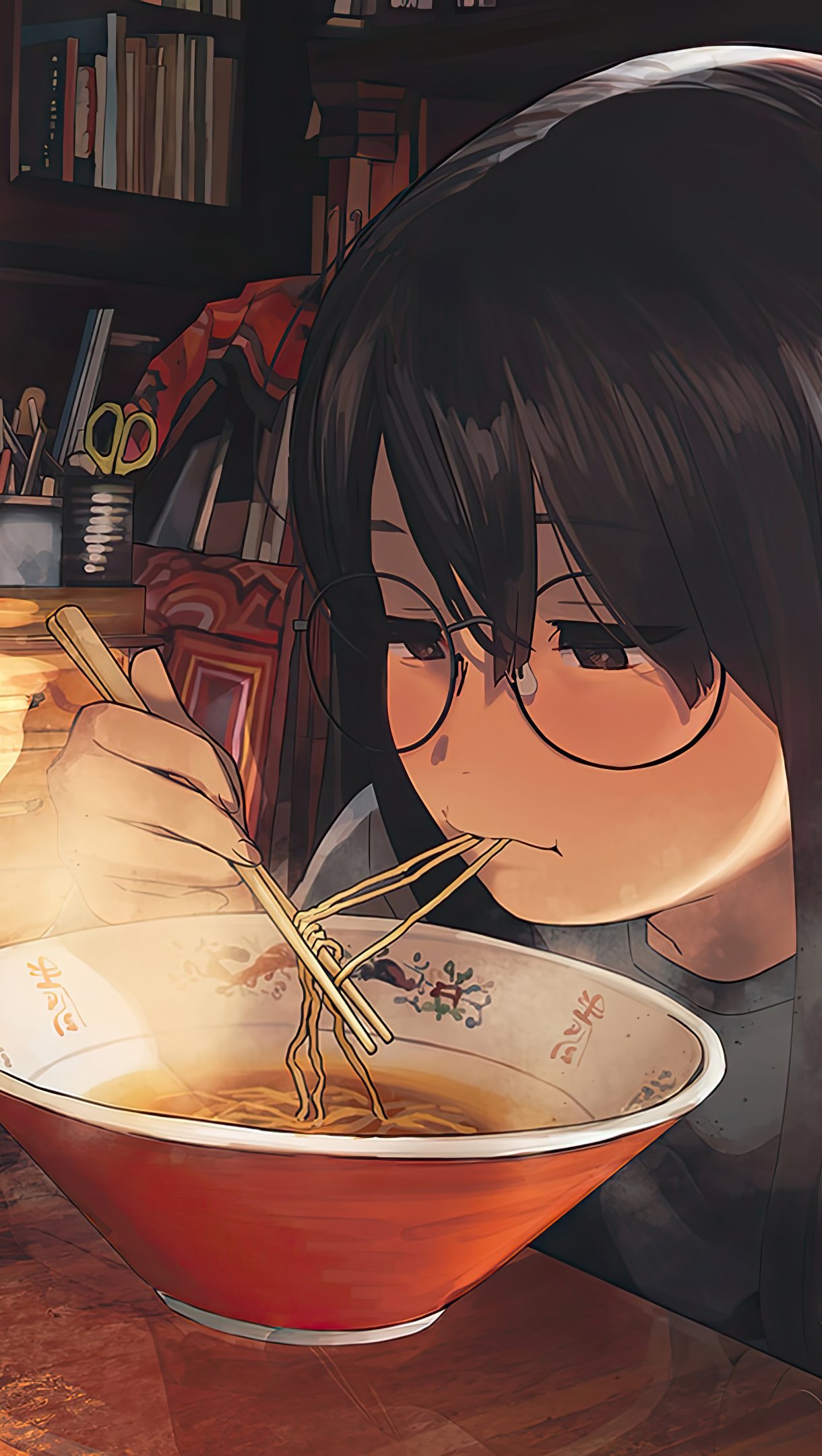 Anime-style wallpaper featuring a close-up of a person with glasses enjoying a bowl of noodles, designed as an original artwork for iPhone and Android screens.