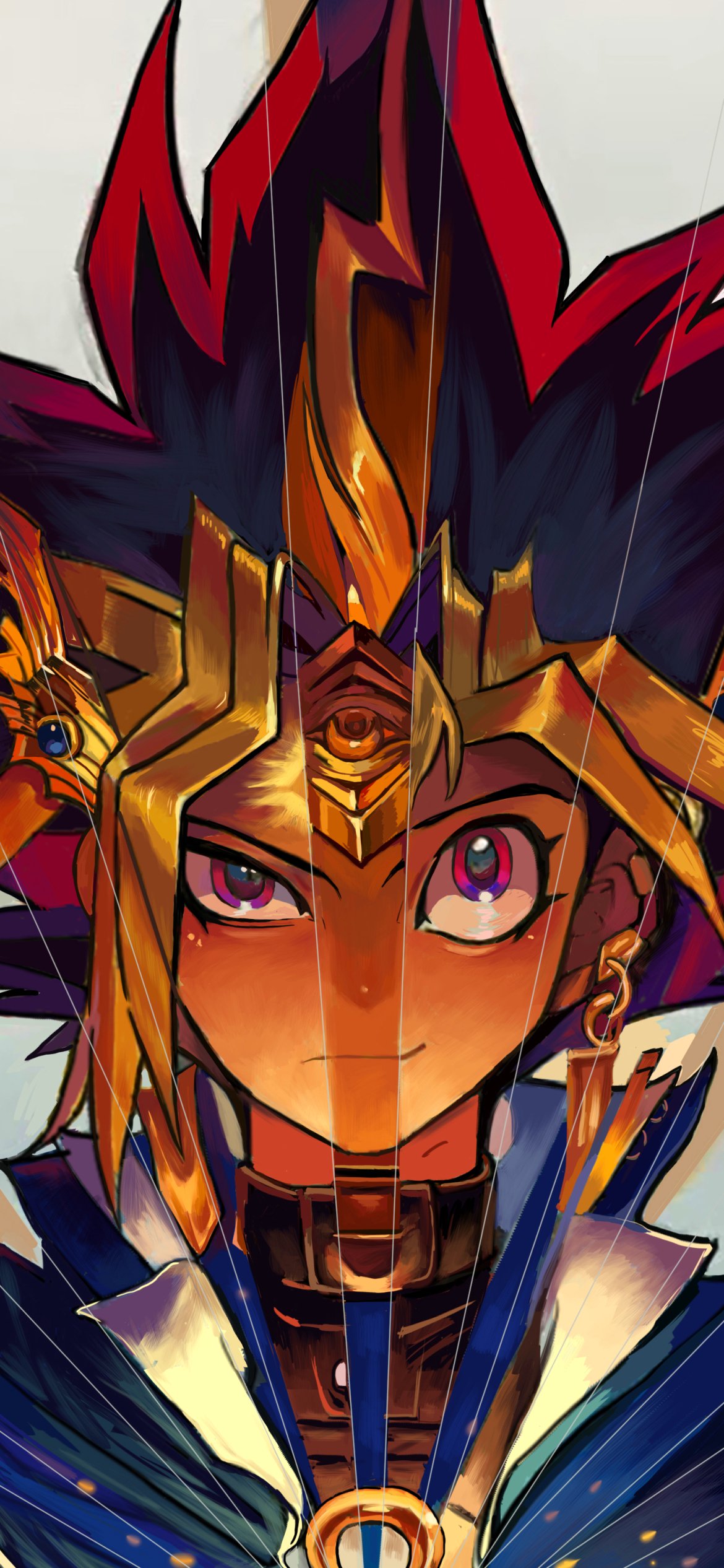 Vibrant anime-style phone wallpaper featuring Yami Yugi from Yu-Gi-Oh!, split design highlighting intense eyes and iconic hair, compatible with iPhone and Android screens.