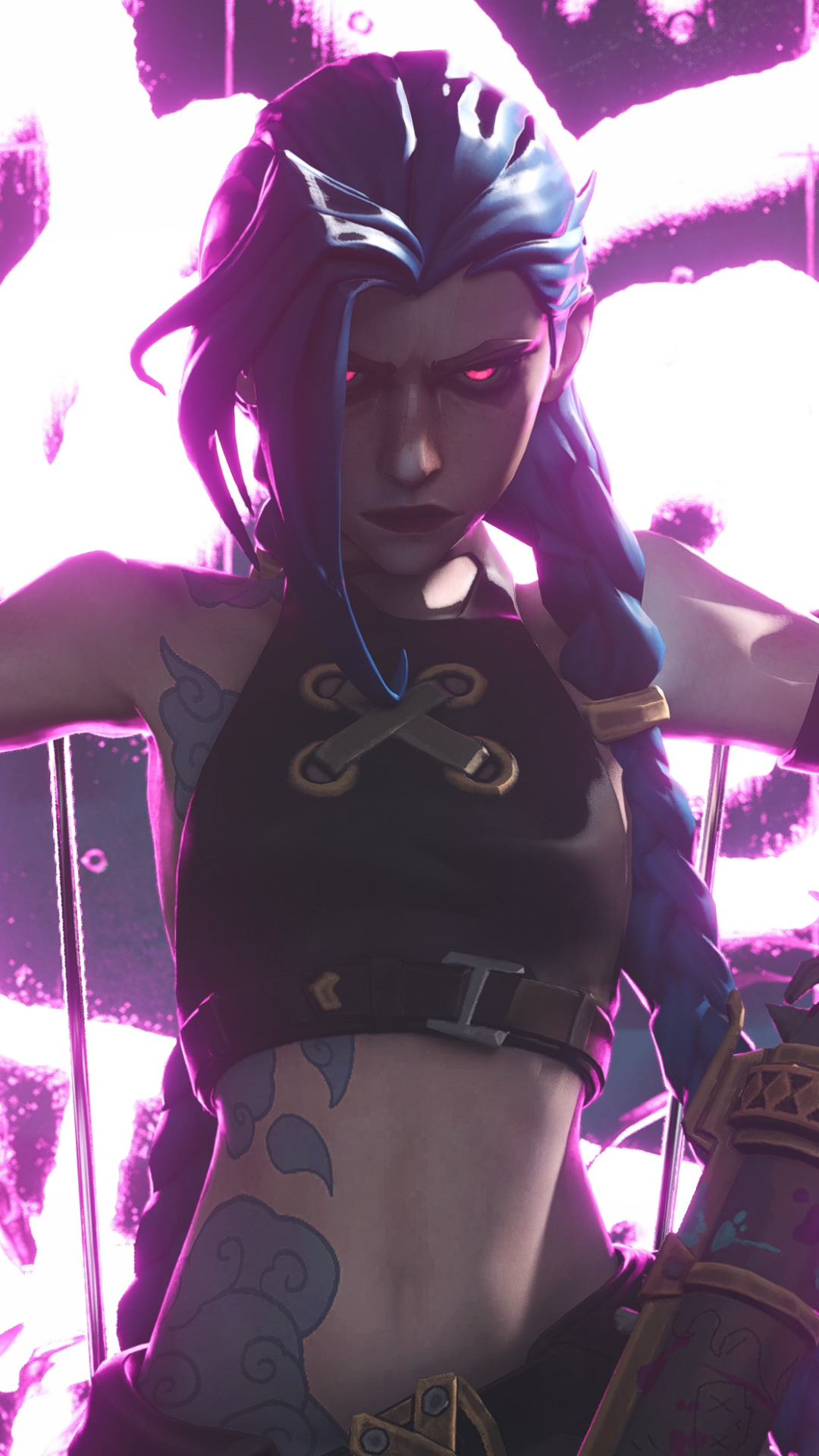 Phone wallpaper featuring Jinx (League of Legends), video game character: cyan braids, glowing magenta eyes, tattoos and a cropped black top against a neon pink graffiti backdrop.