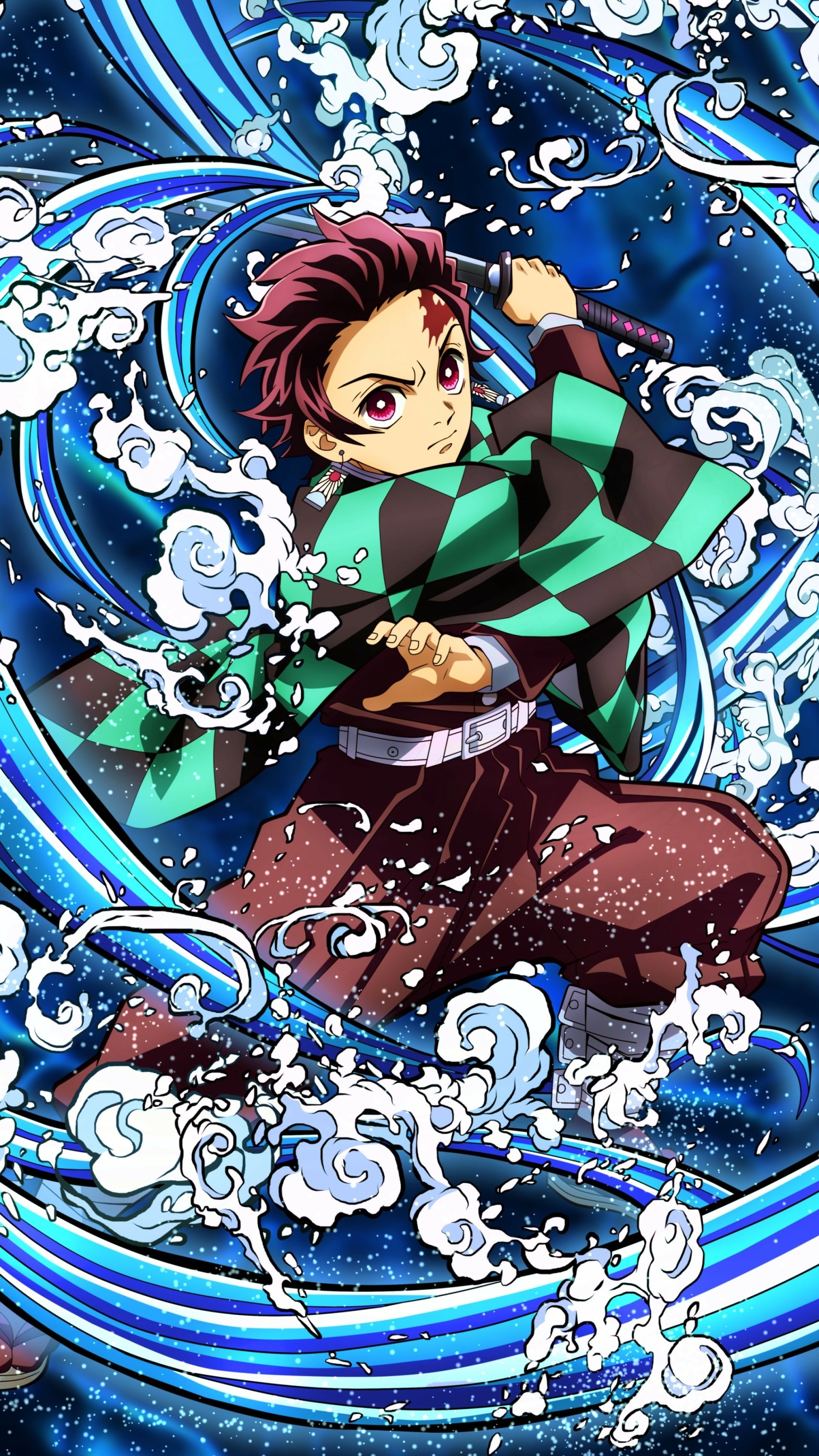 Tanjiro Kamado from Demon Slayer: Kimetsu no Yaiba, striking a water-breathing pose — vibrant anime phone wallpaper compatible with iPhones and Android phones.