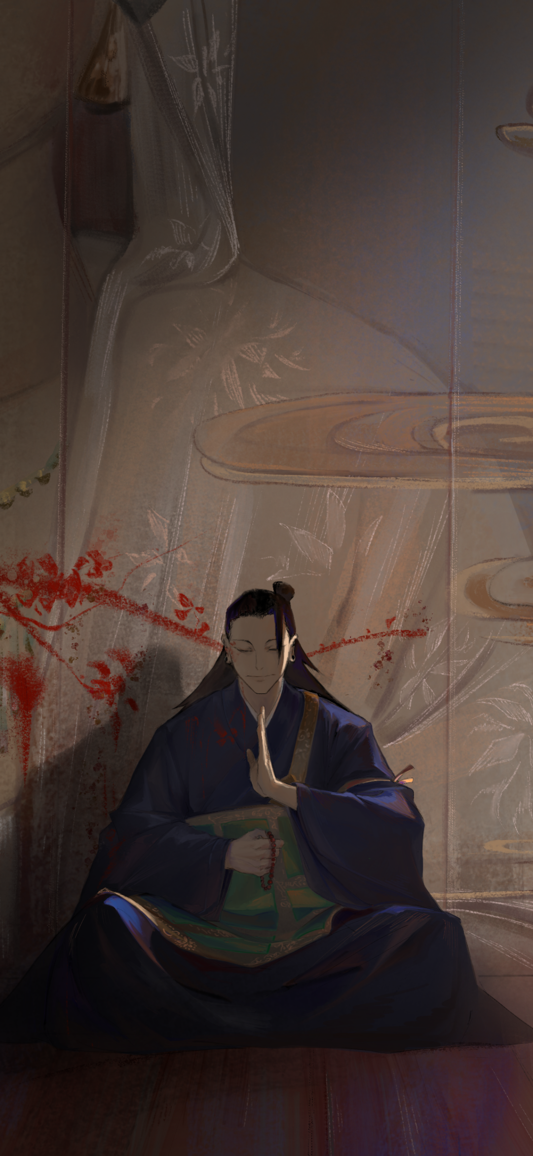 Phone wallpaper featuring Suguru Geto from the anime Jujutsu Kaisen, depicted in a dark, serene setting with intricate lighting details.