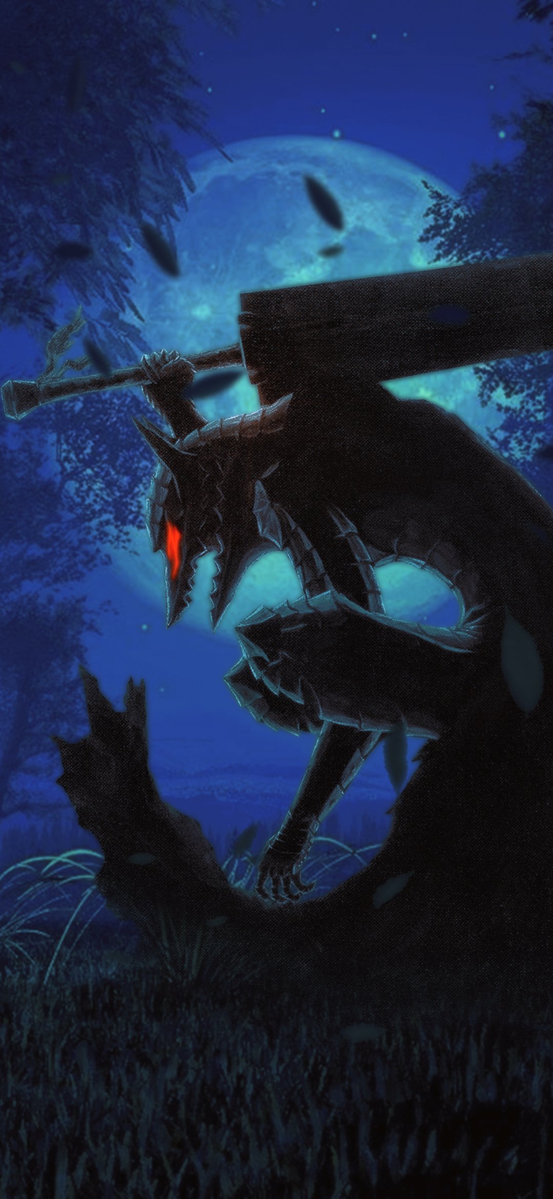 Phone wallpaper featuring Guts from Berserk in dark armor, set against a moonlit night sky, blending anime style with a haunting atmosphere for iPhone and Android devices.