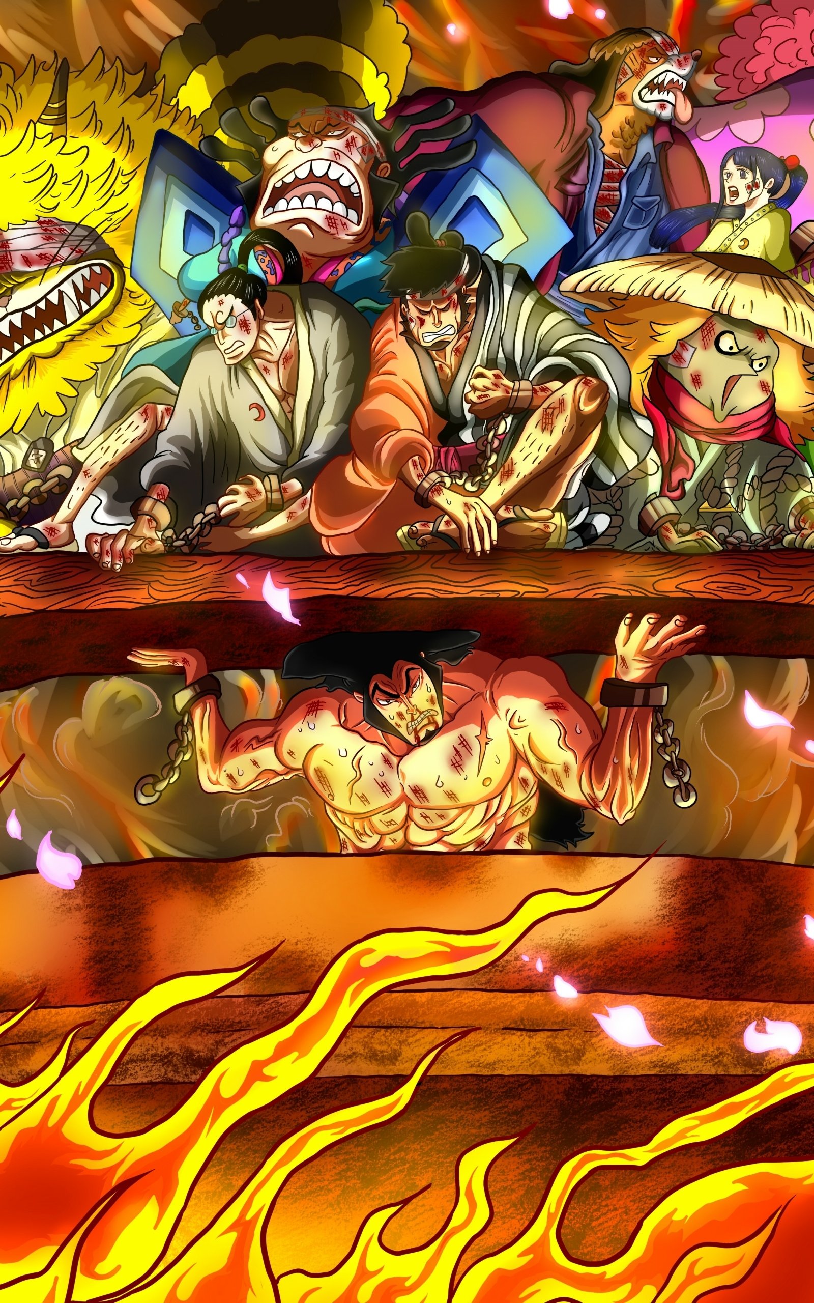 One Piece anime phone wallpaper: Straw Hat crew desperately holding a blazing beam as Luffy struggles trapped beneath in an intense, fiery battle scene.