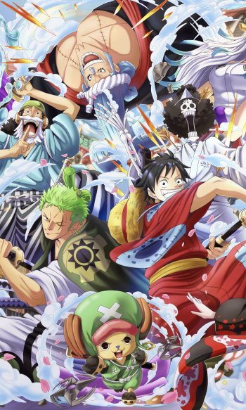 Anime-style One Piece characters in dynamic action poses, designed as a vibrant phone wallpaper for both iPhone and Android devices.