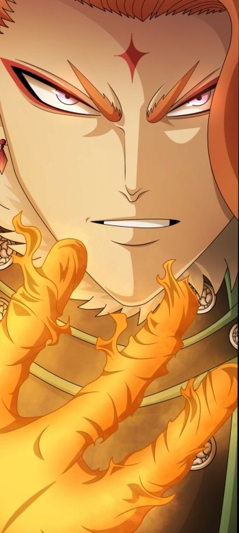 Portrait phone wallpaper of Fuegoleon Vermillion (Black Clover): close-up with stern eyes, red flame mark on his brow and a fiery hand reaching forward in warm orange glow.