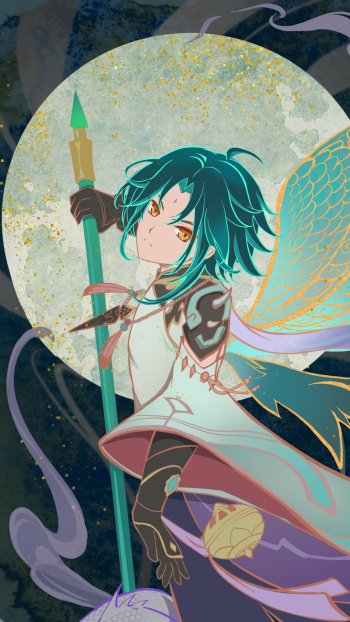 Phone wallpaper of Xiao from the video game Genshin Impact: teal-haired adeptus hovering with polearm, translucent wings and glowing moon halo over a textured night background.
