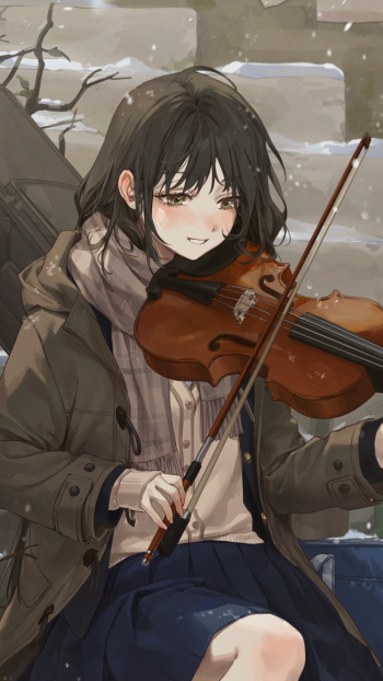 Anime girl in coat and scarf plays violin on a snowy bench, soft smile and warm light — phone wallpaper for iPhone and Android.