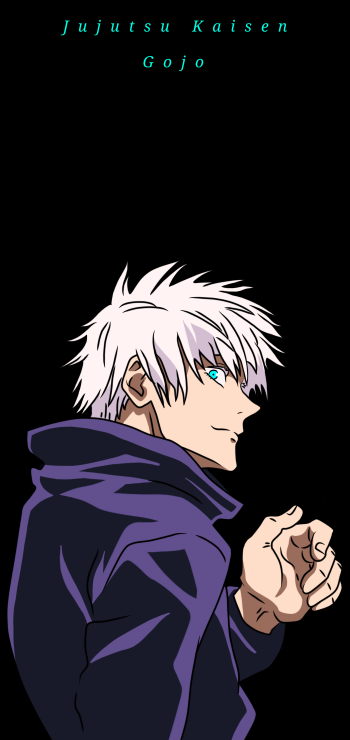 Phone wallpaper featuring Satoru Gojo from Jujutsu Kaisen, with his distinctive white hair and blindfold, set against a black background with teal text.
