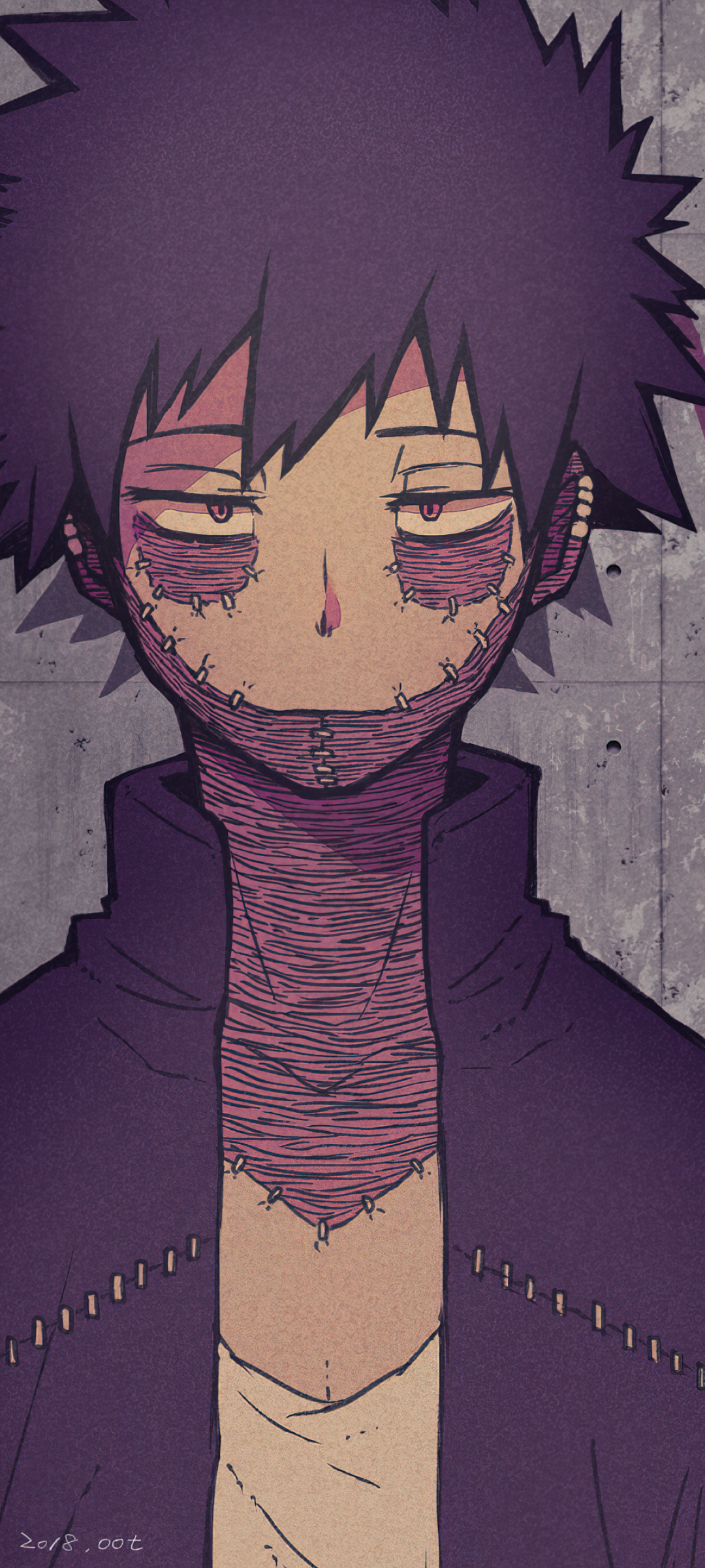 Phone wallpaper of Dabi from My Hero Academia (Boku No Hero Academia) — anime close-up with spiky purple hair, stitched burn scars around eyes, mouth and neck, dark coat, concrete backdrop.