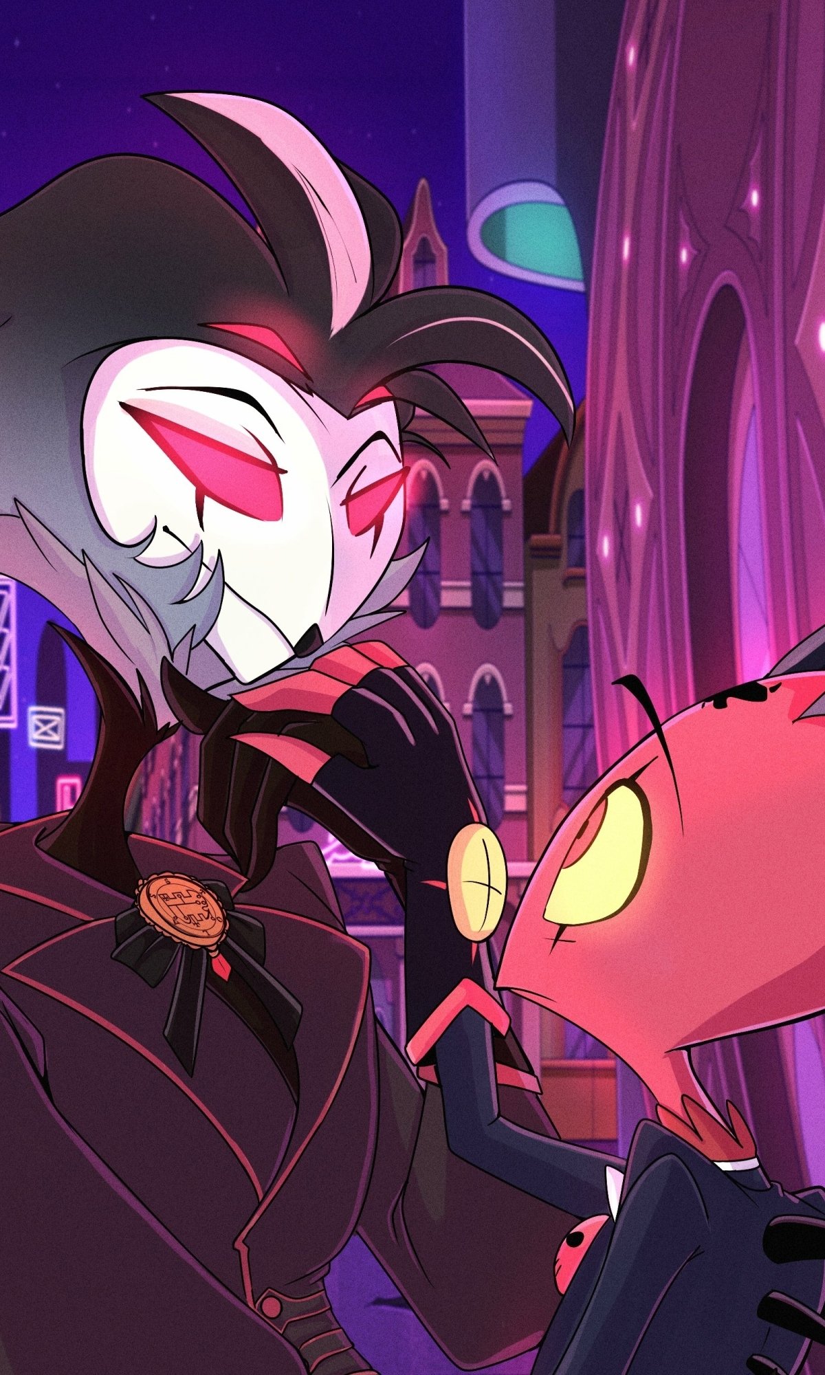 Phone wallpaper from the TV show Helluva Boss: a masked pale-faced demon in a black coat holding the face of a wide-eyed red imp against a neon-lit Gothic city night.