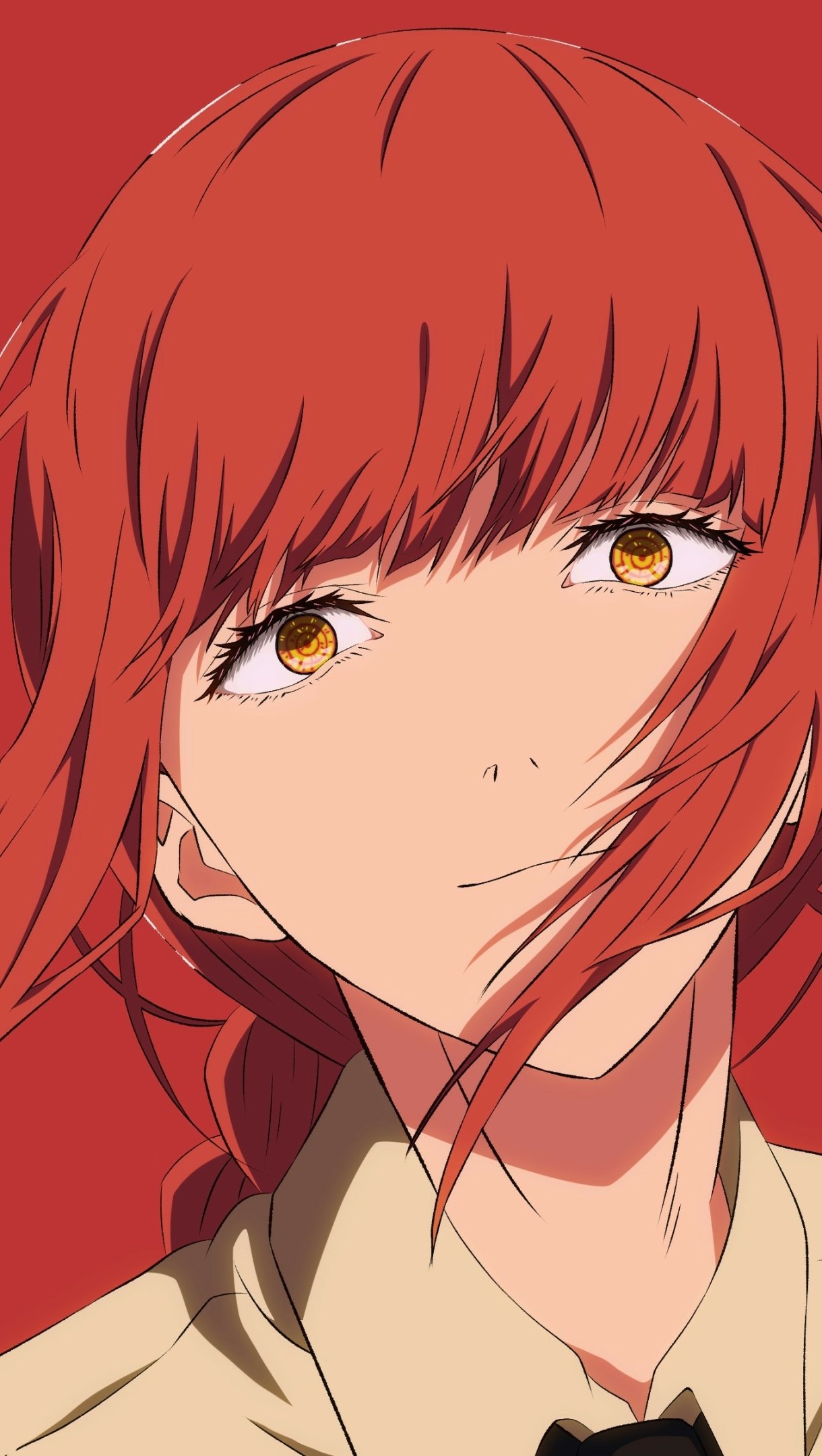 Phone wallpaper of Makima from Chainsaw Man - anime close-up portrait: flowing red hair, amber eyes, faint smile on a red background.