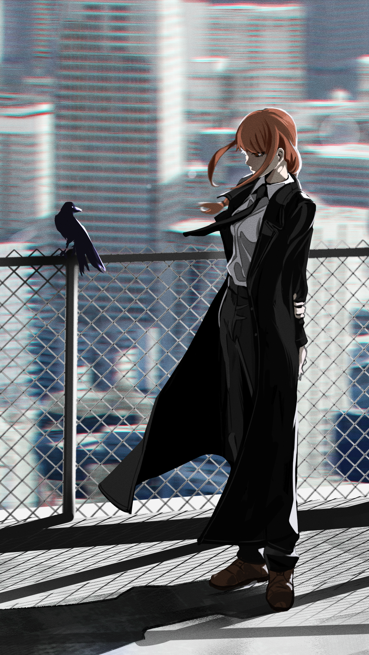 Makima (Chainsaw Man) anime wallpaper: Makima in a black coat on a rooftop railing with a crow, city skyline backdrop — phone wallpaper sized for iPhones and Android phones.