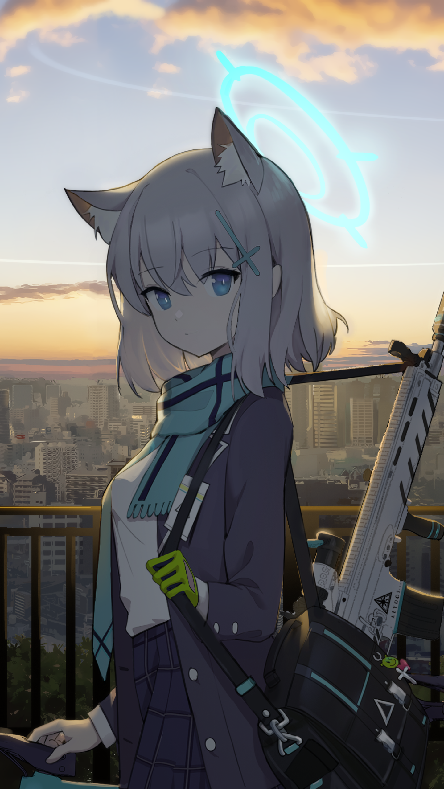 Phone wallpaper of Shiroko Sunaookami from Blue Archive: wolf-eared silver-haired girl with teal scarf and glowing halo, carrying a rifle on a rooftop at sunset.