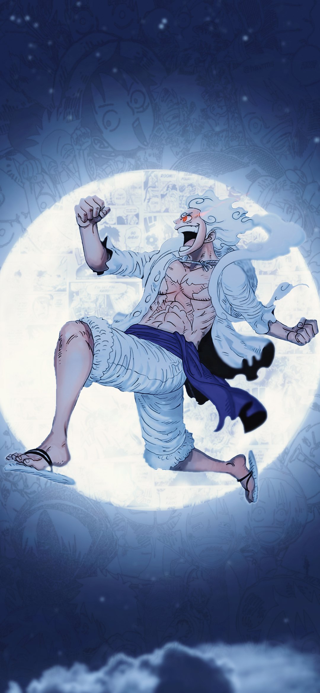 Phone wallpaper featuring Monkey D. Luffy from One Piece in an energetic pose against a glowing moon background, designed for iPhone and Android screens.