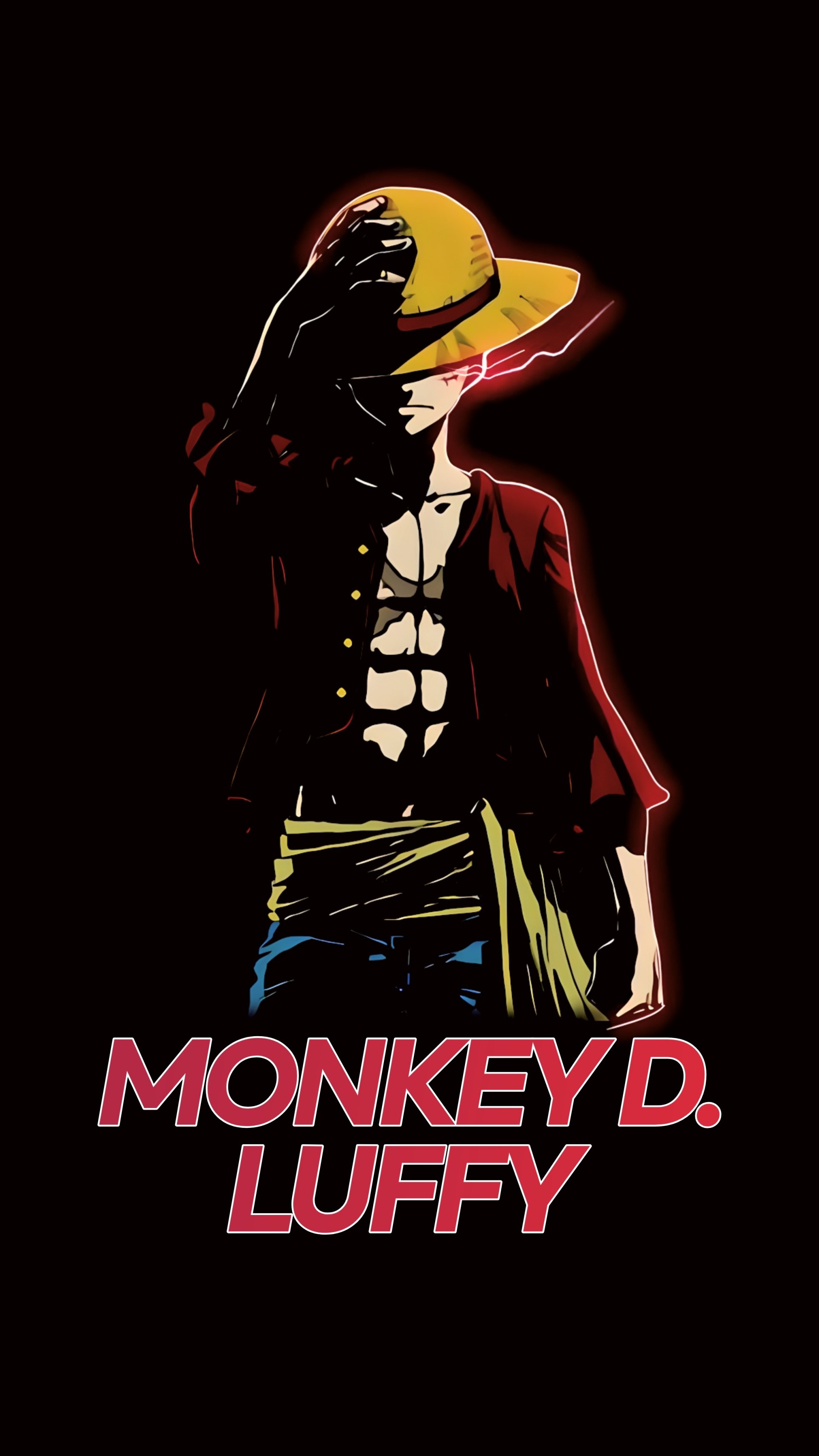 Phone wallpaper featuring Monkey D. Luffy from the anime One Piece, showcasing his iconic straw hat and silhouette against a dark background.