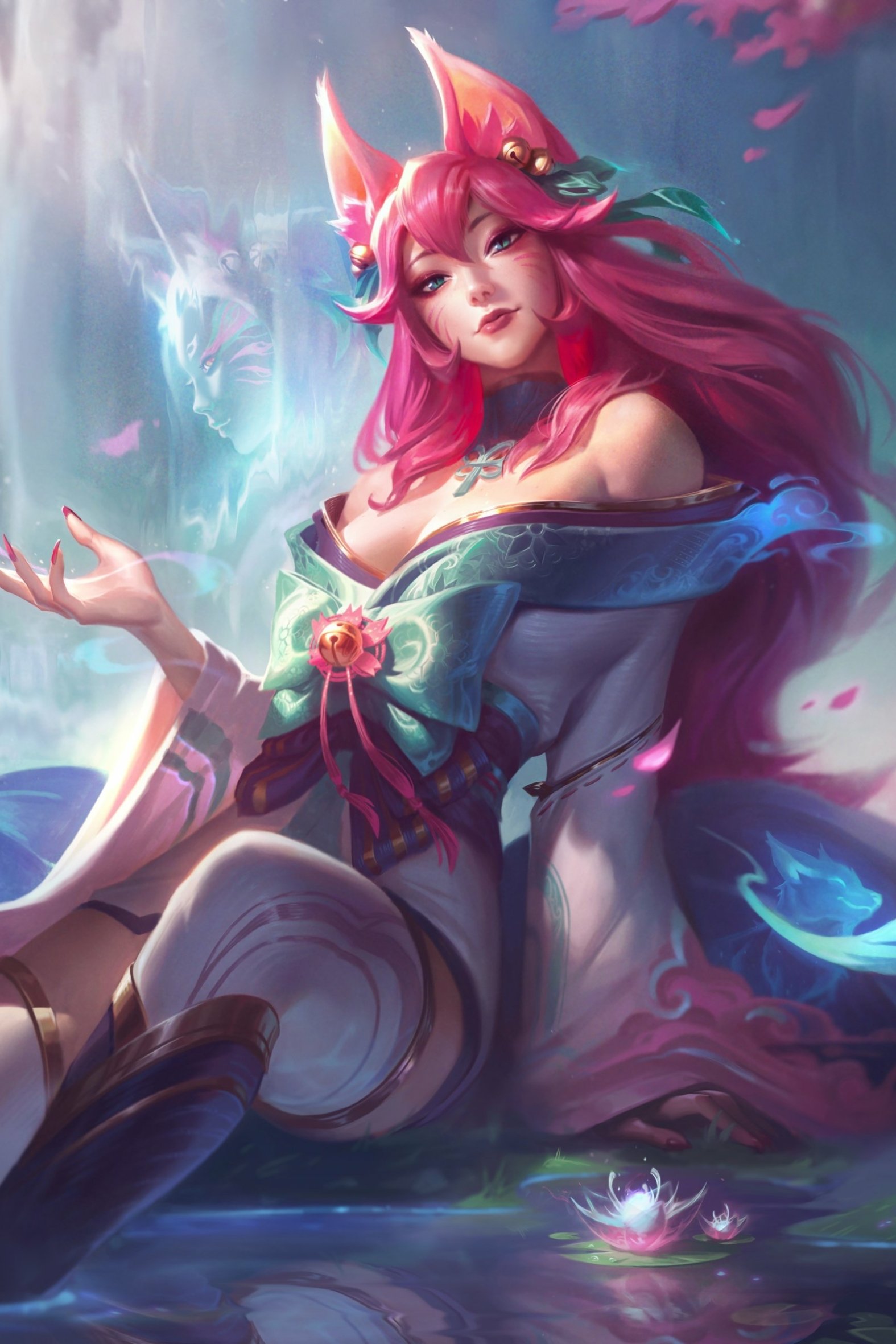Phone wallpaper of Ahri from the video game League of Legends: fox-eared mage with flowing pink hair and robes, seated by a moonlit pond while conjuring glowing spirit orbs.