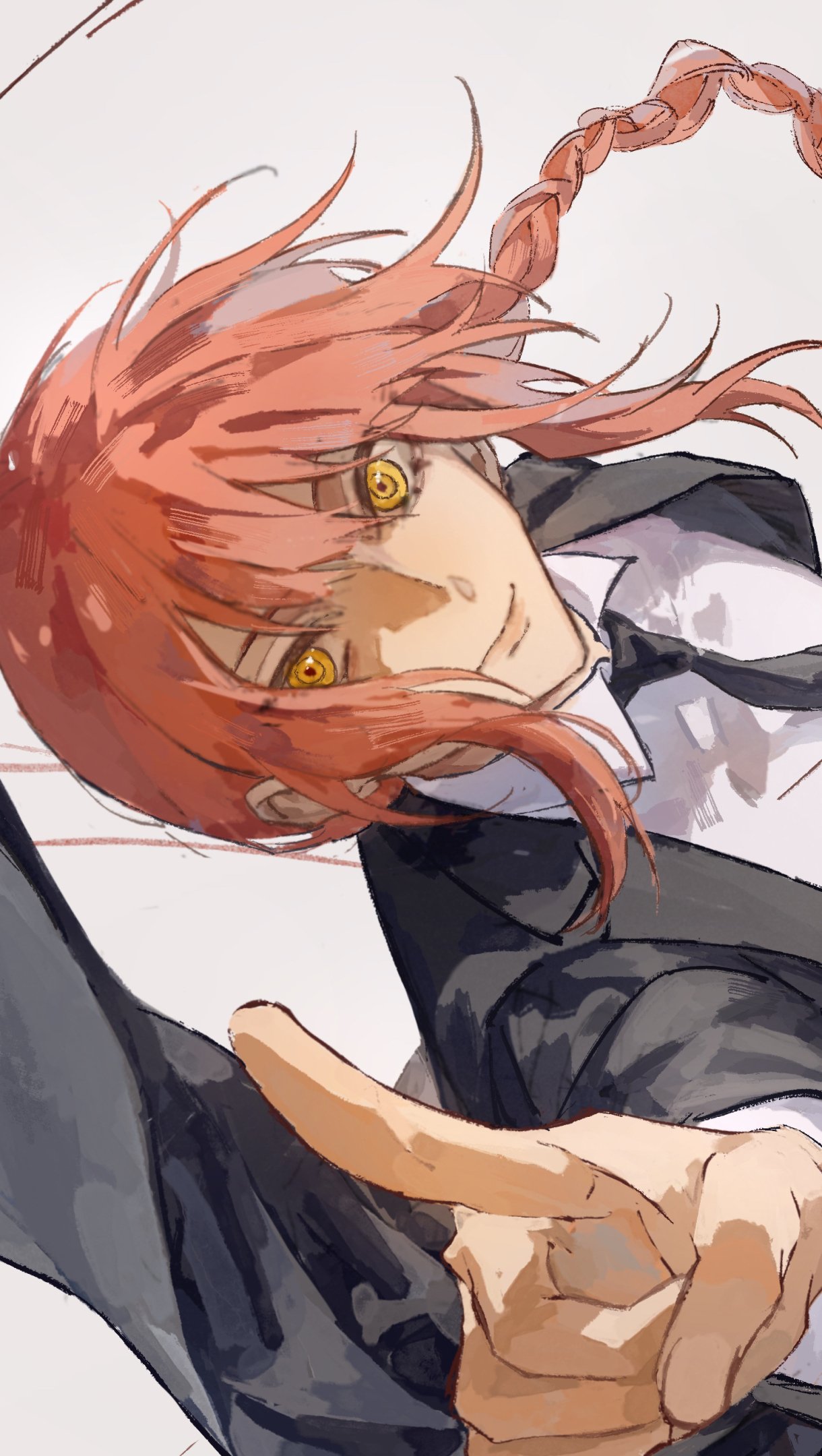 Phone wallpaper of Makima (Chainsaw Man): anime close-up—braided red hair, yellow eyes, suit and tie, reaching hand in a tilted, confident pose.