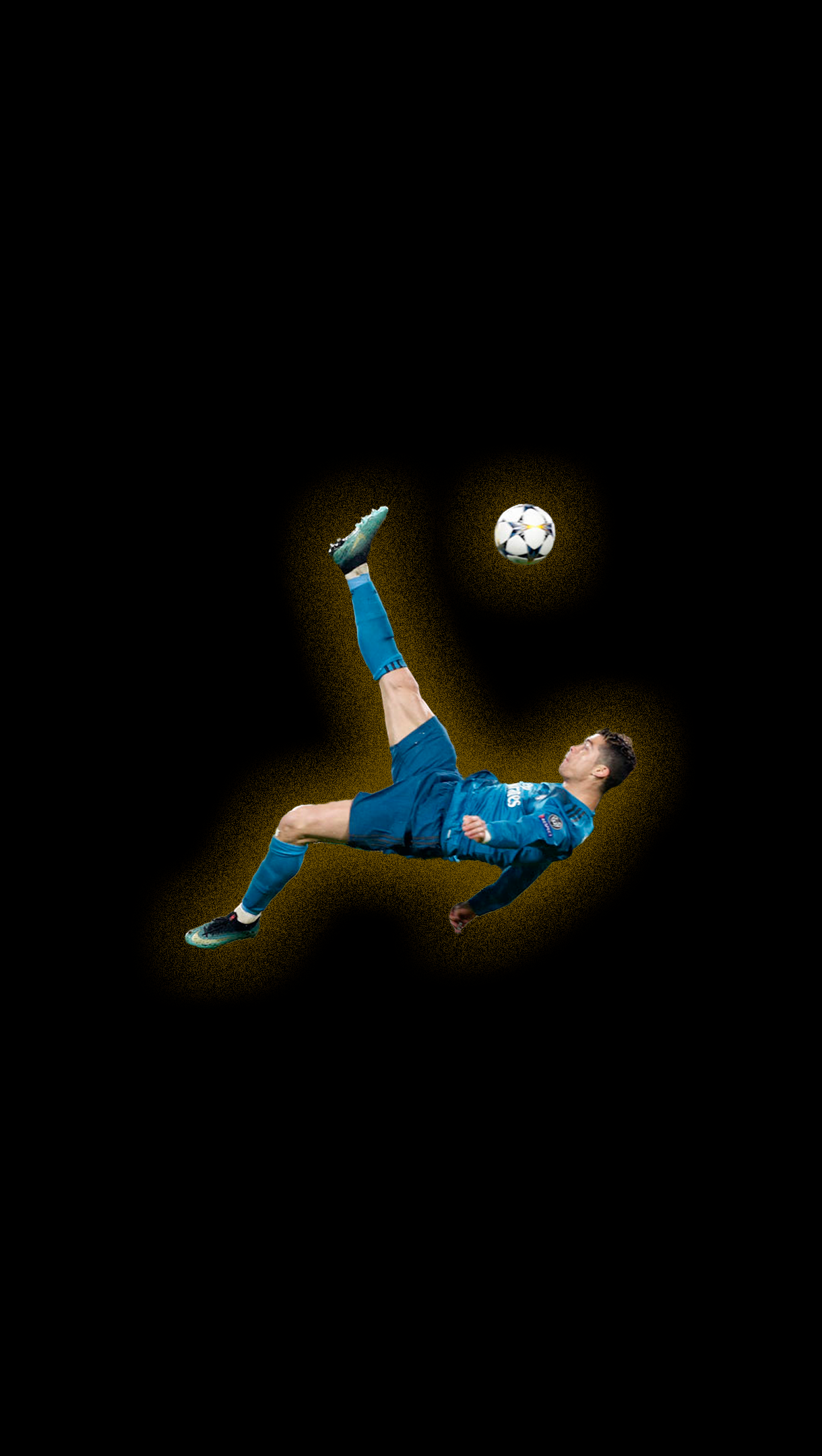 Phone wallpaper featuring Cristiano Ronaldo performing a bicycle kick with a glowing effect, designed for both iPhone and Android screens.