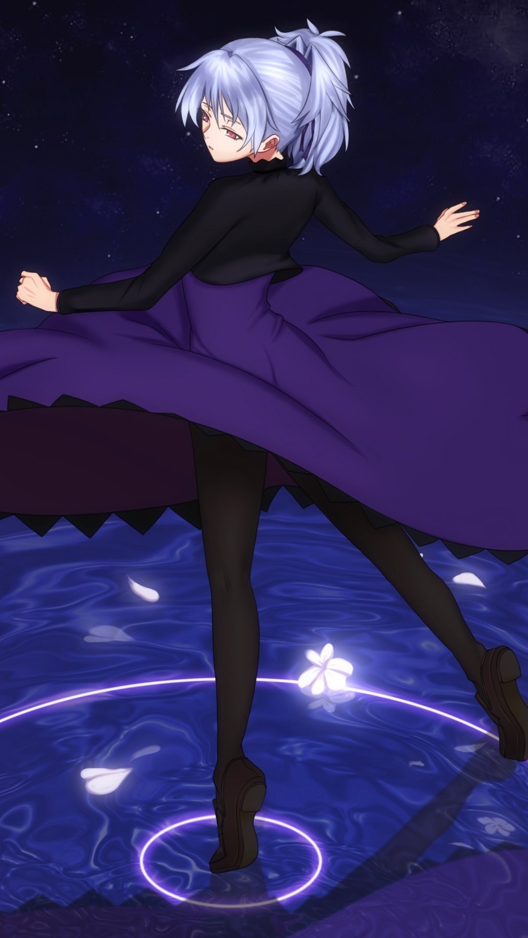 Yin (Darker Than Black) anime wallpaper: twirling in a flowing purple dress above glowing water and circular light sigils under a starry sky.