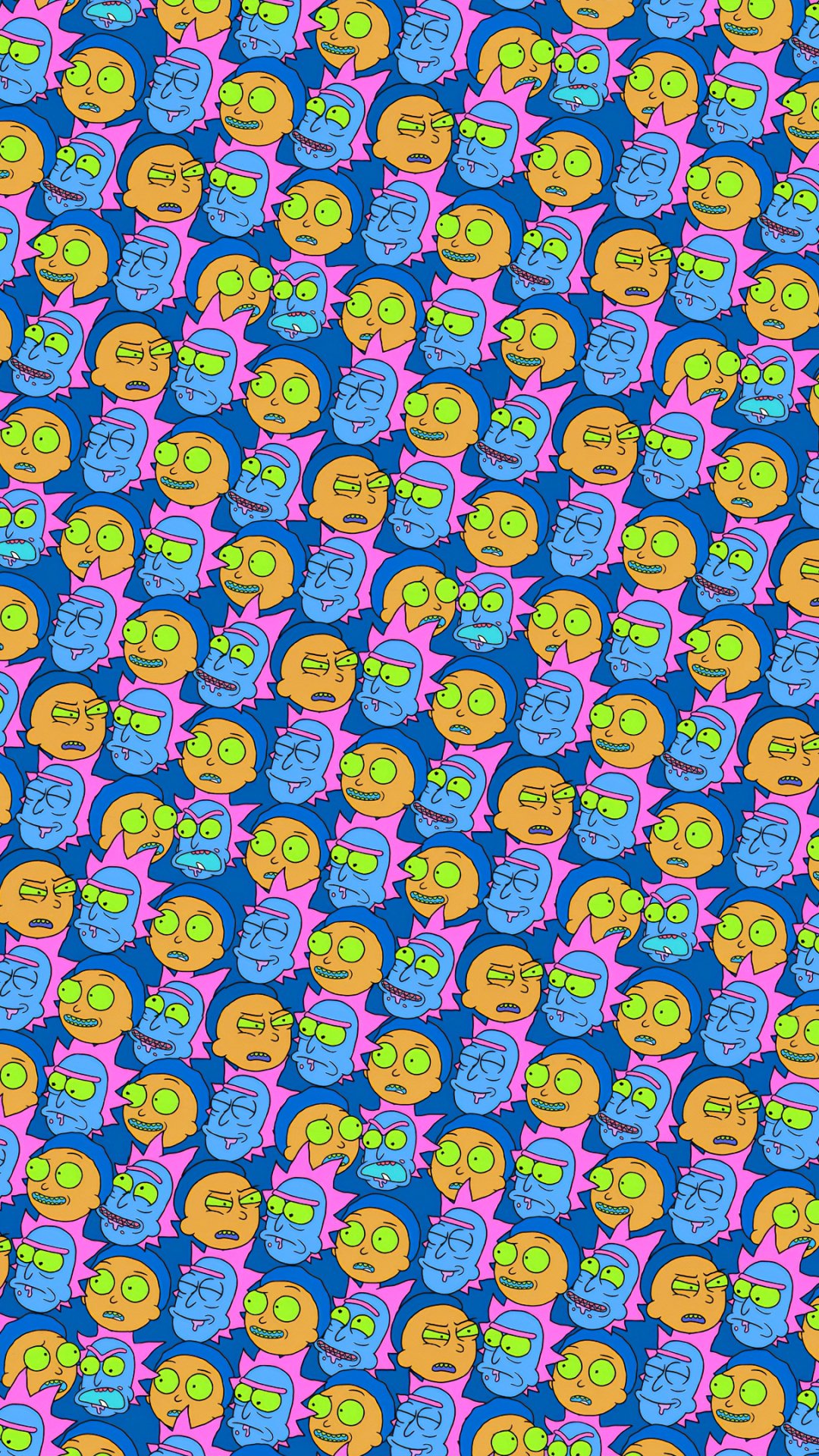Bright, repeating pattern of Rick and Morty faces from the TV show, designed as a vibrant phone wallpaper compatible with both iPhones and Android devices.
