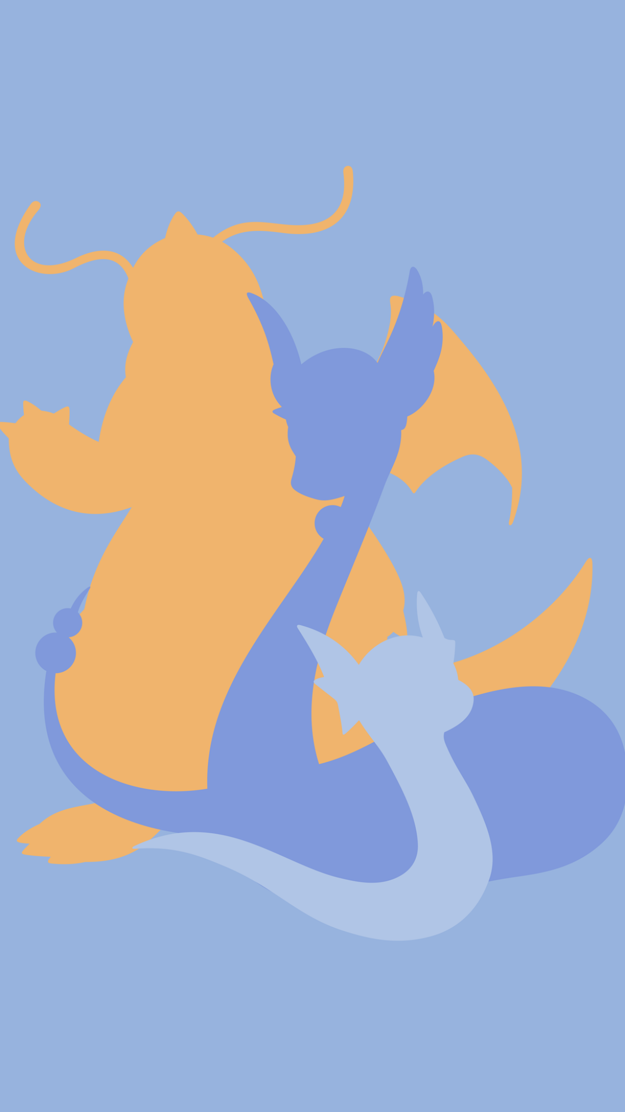 Anime-style Pokémon silhouettes in orange and blue create a vibrant, minimalist phone wallpaper designed for both iPhone and Android screens.