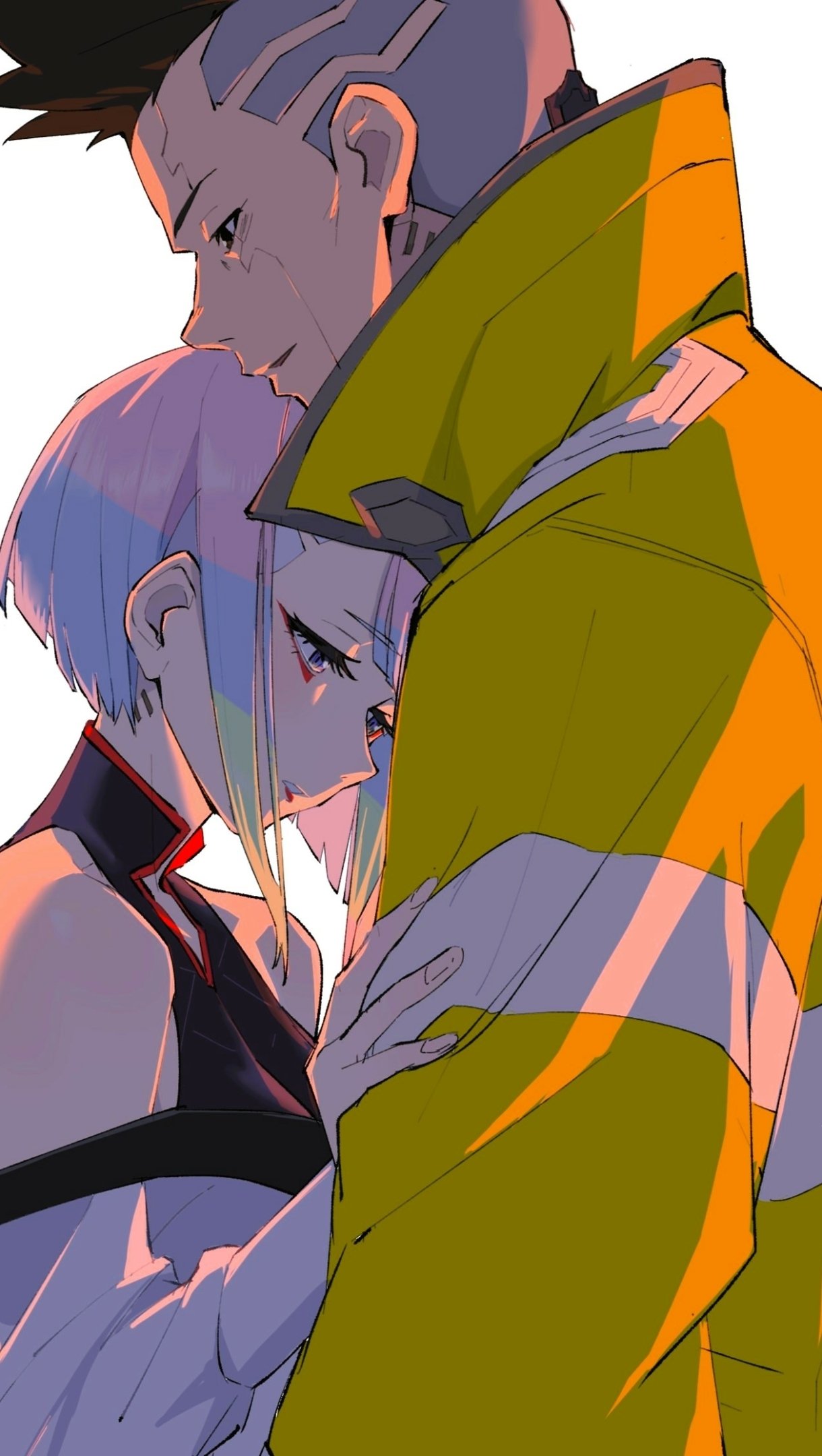 Phone wallpaper of anime characters David and Lucy from Cyberpunk: Edgerunners, sharing a tender embrace framed by dramatic, neon-soaked cyberpunk lighting.