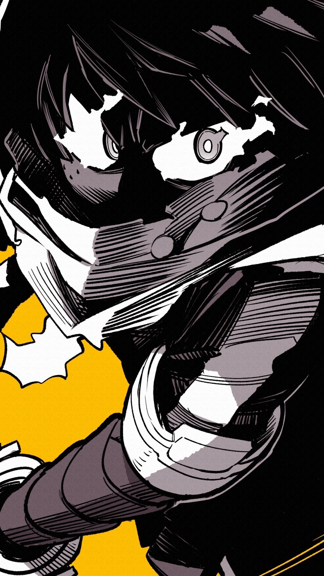 iPhone wallpaper: stylized black-and-white anime close-up of Izuku Midoriya from My Hero Academia in a masked battle pose against a bold yellow background.