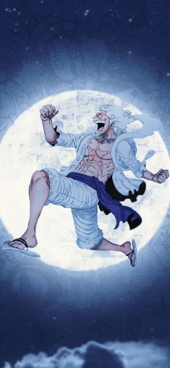 Phone wallpaper featuring Monkey D. Luffy from One Piece in an energetic pose against a glowing moon background, designed for iPhone and Android screens.