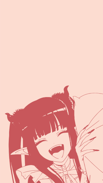 Phone wallpaper of Marin Kitagawa from My Dress-Up Darling: two-tone pink silhouette of her laughing with fang visible in the lower-right, leaving soft pale pink negative space above.