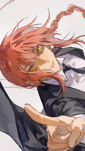 Phone wallpaper of Makima (Chainsaw Man): anime close-up—braided red hair, yellow eyes, suit and tie, reaching hand in a tilted, confident pose.