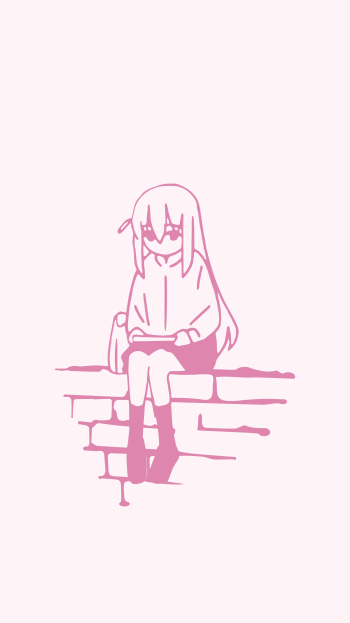 Minimalist pink silhouette of an anime girl from Bocchi the Rock! sitting on a brick wall, designed as a phone wallpaper for iPhones and Android devices.