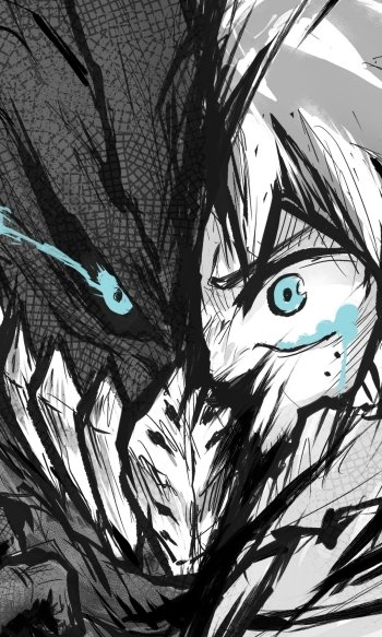 Dynamic black-and-white phone wallpaper featuring Izuku Midoriya from My Hero Academia with striking blue eyes, designed for iPhones and Android devices.
