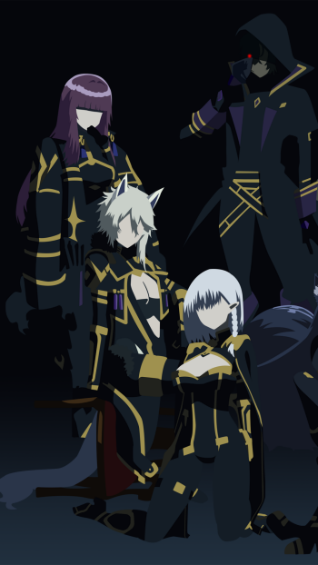 Phone wallpaper of four shadowy, black-and-gold–clad figures in a dramatic low-lit group pose — characters from the anime The Eminence in Shadow.