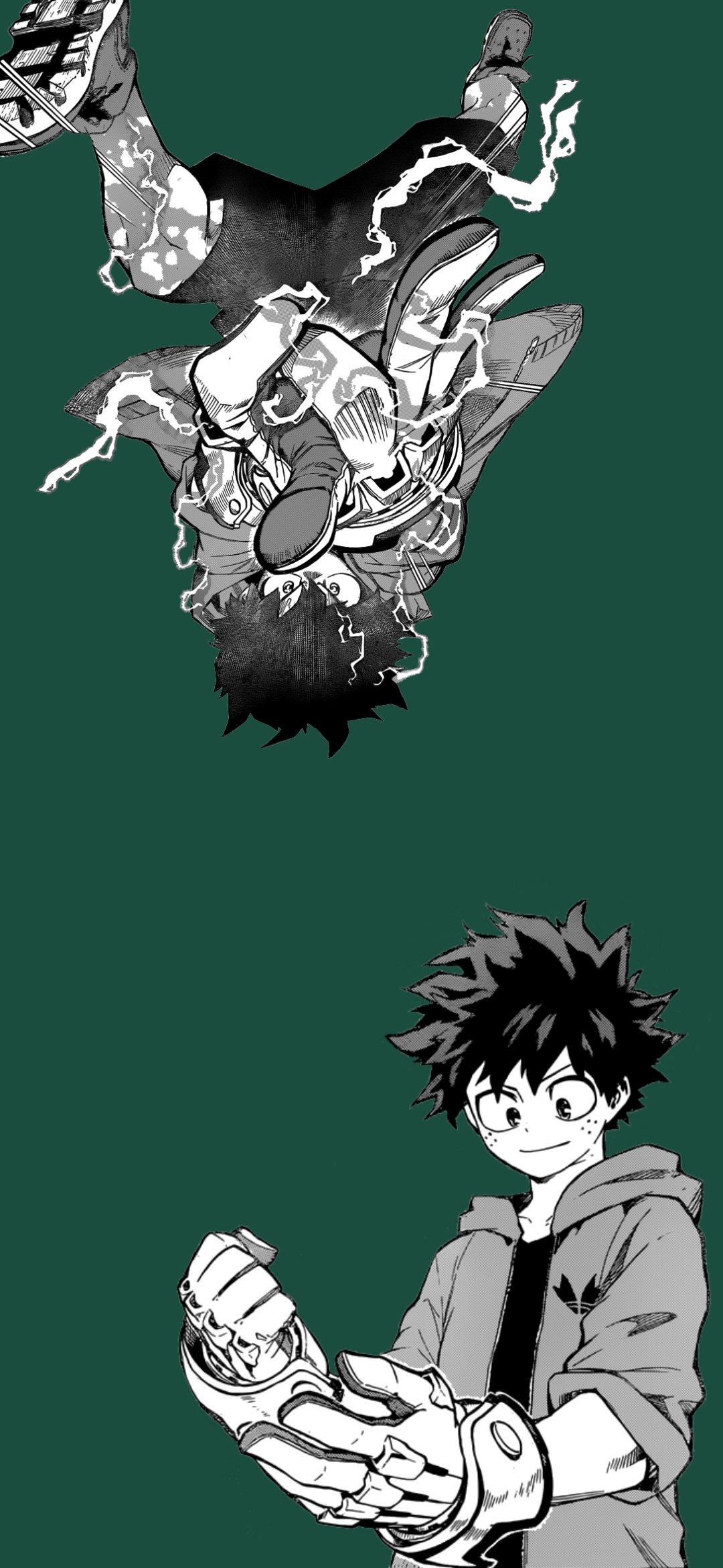 Anime phone wallpaper of Izuku Midoriya (My Hero Academia) on a green background: two contrasting portraits — a smiling, gloved hero below and an electrified, upside-down darker silhouette above.