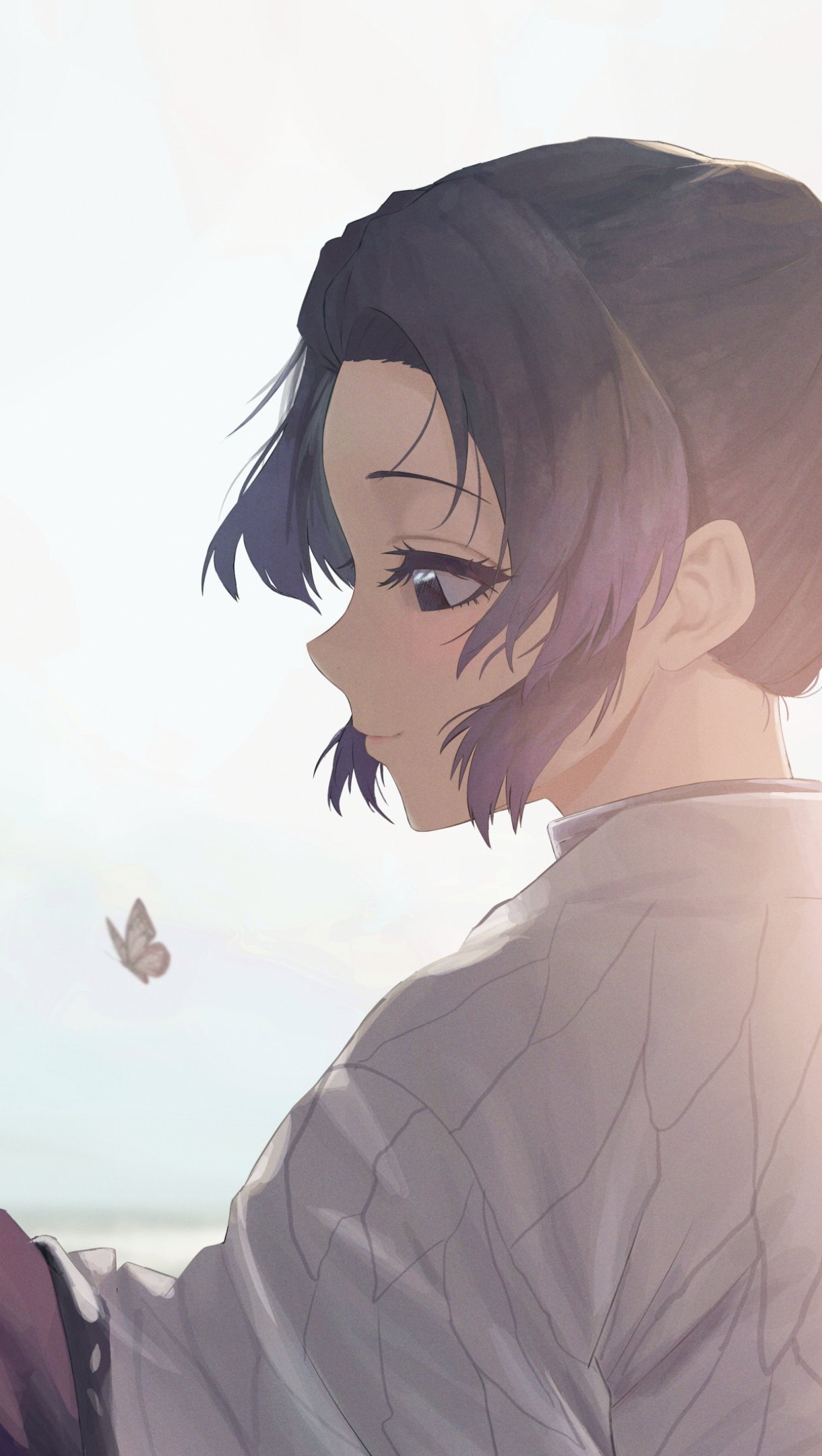 Phone wallpaper of Shinobu Kochou from Demon Slayer: Kimetsu no Yaiba — anime profile portrait with soft backlight and a small butterfly.