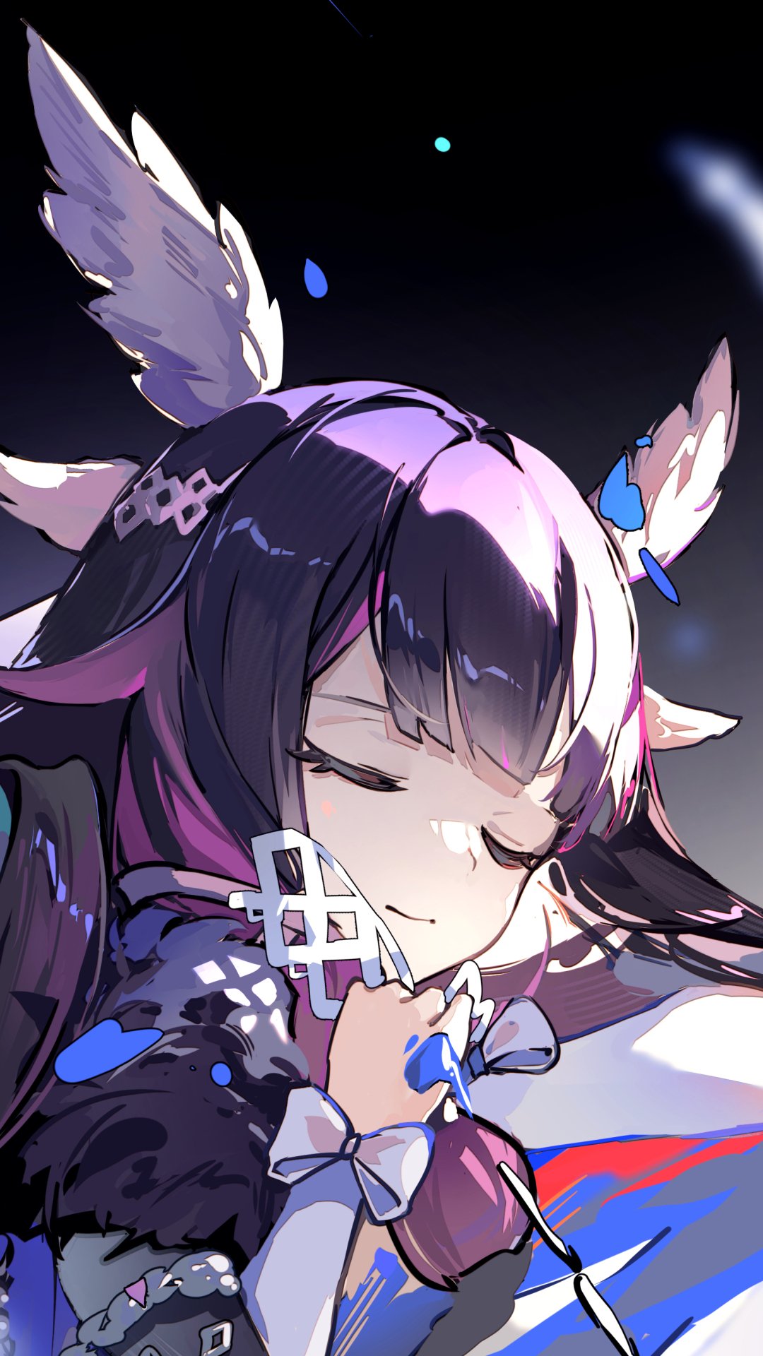 Phone wallpaper: Columbina from the video game Genshin Impact — close-up with eyes closed, purple-pink hair, feathered headpiece, and blue petals drifting on a dark background.