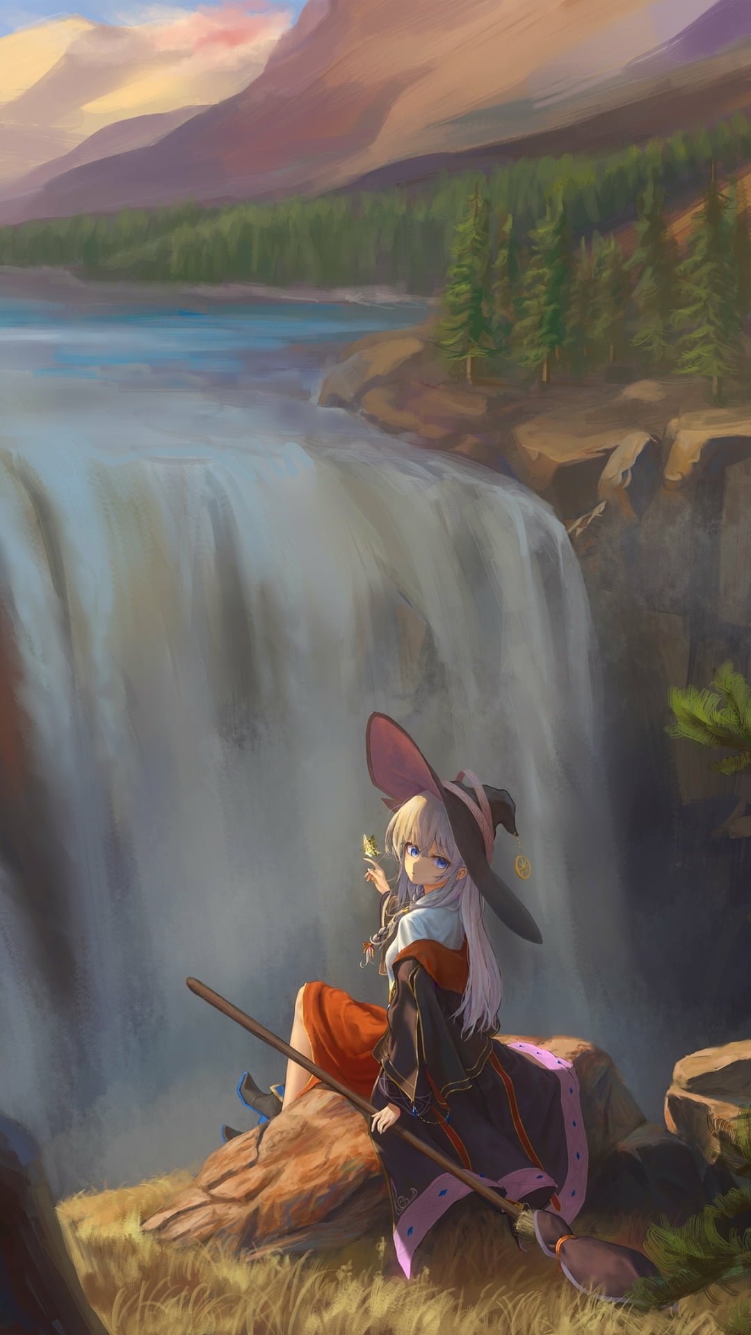 Phone wallpaper of Elaina (Wandering Witch: The Journey of Elaina) — anime witch in hat and cloak resting on a cliff beside a cascading waterfall at sunset.