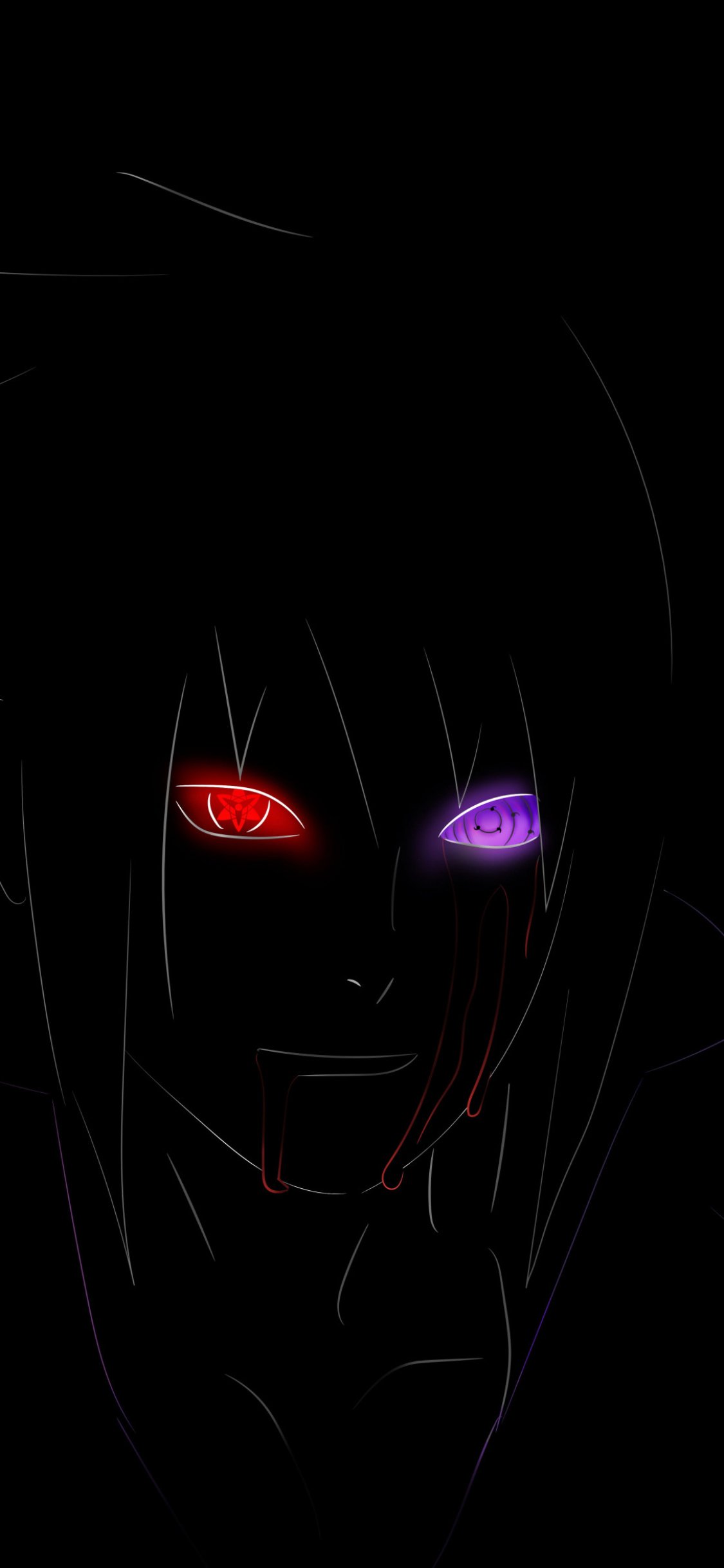 Phone wallpaper of Sasuke Uchiha from Naruto: dark silhouette with glowing red Sharingan and purple Rinnegan, faint facial lines and blood at the mouth against a black background.