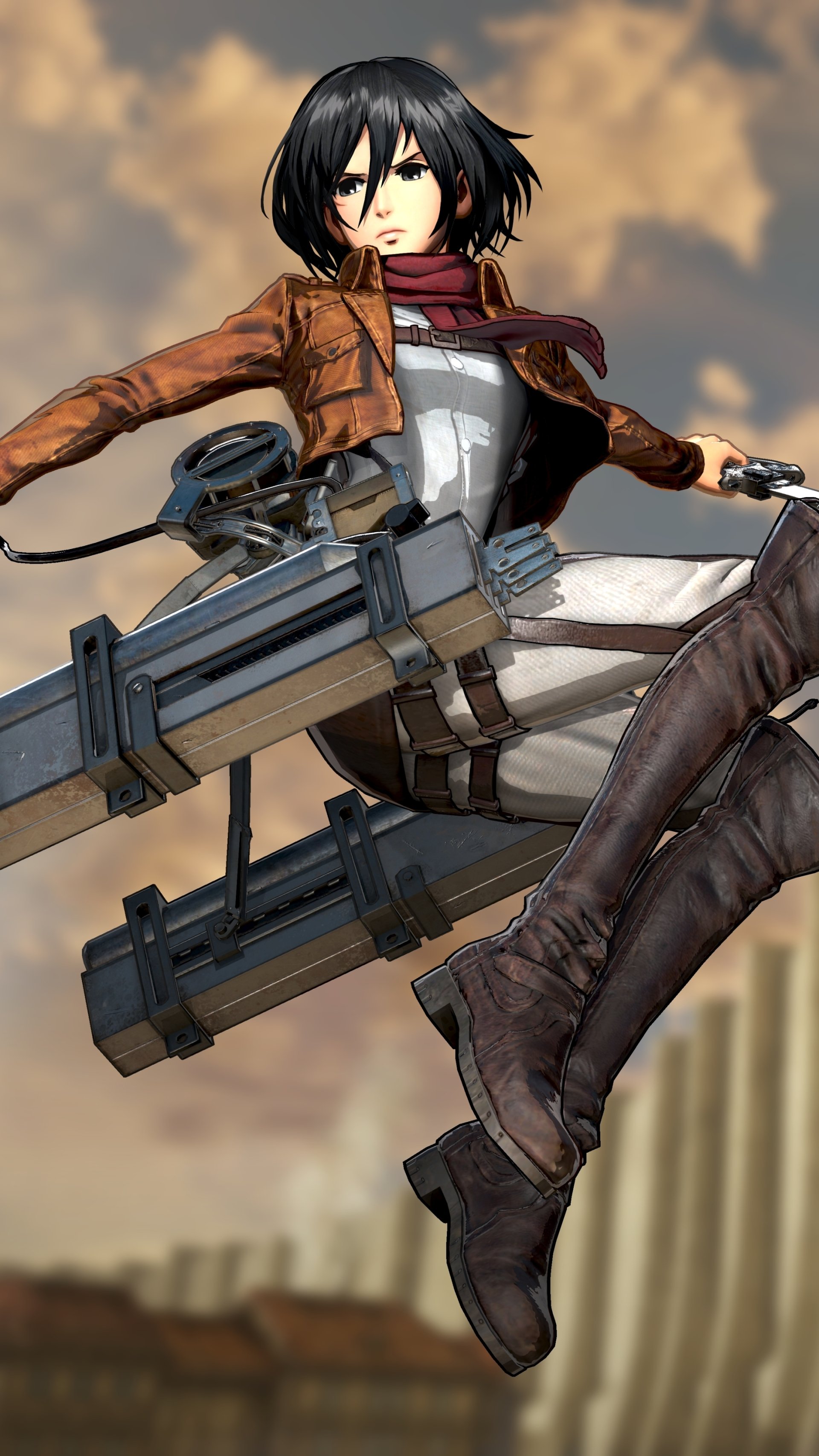 Phone wallpaper featuring Mikasa Ackerman from Attack on Titan in action, designed for both iPhone and Android screens with dynamic anime style and muted background.