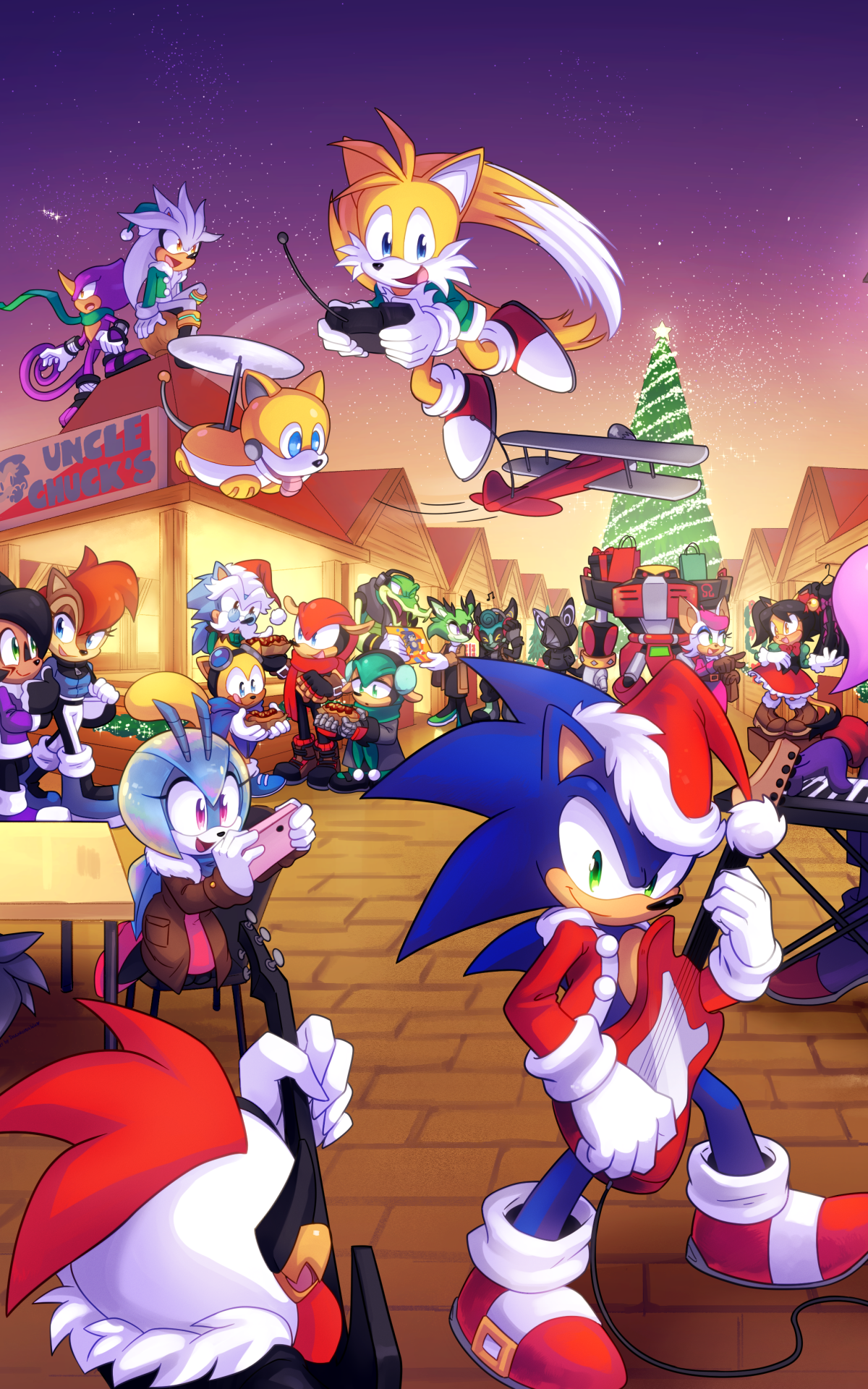 Colorful Sonic the Hedgehog phone wallpaper featuring Sonic, Tails, and friends celebrating with festive lights, designed for iPhones and Android devices.