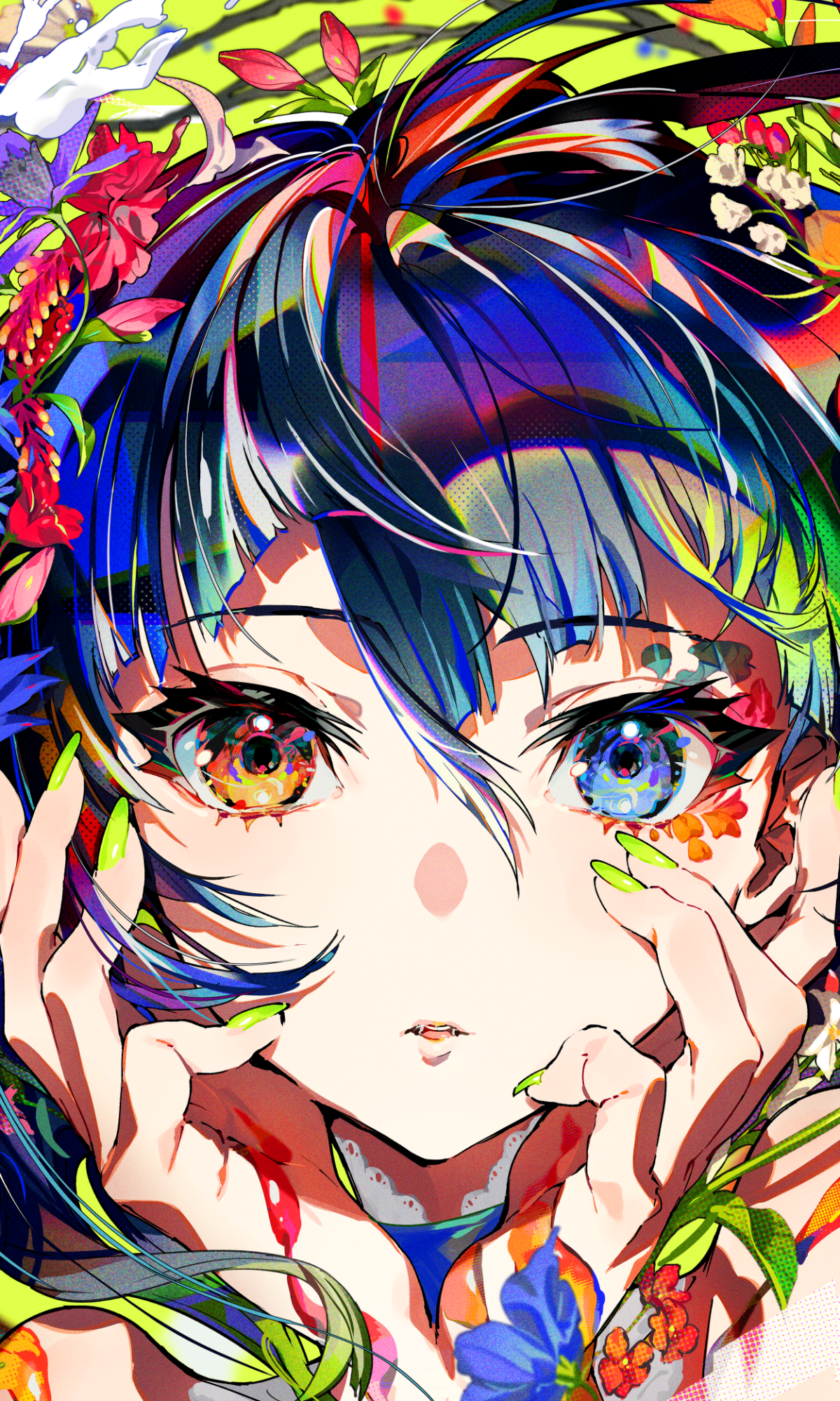 Vibrant anime girl portrait with multicolored hair and floral accents, designed as a phone wallpaper compatible with both iPhones and Android devices.