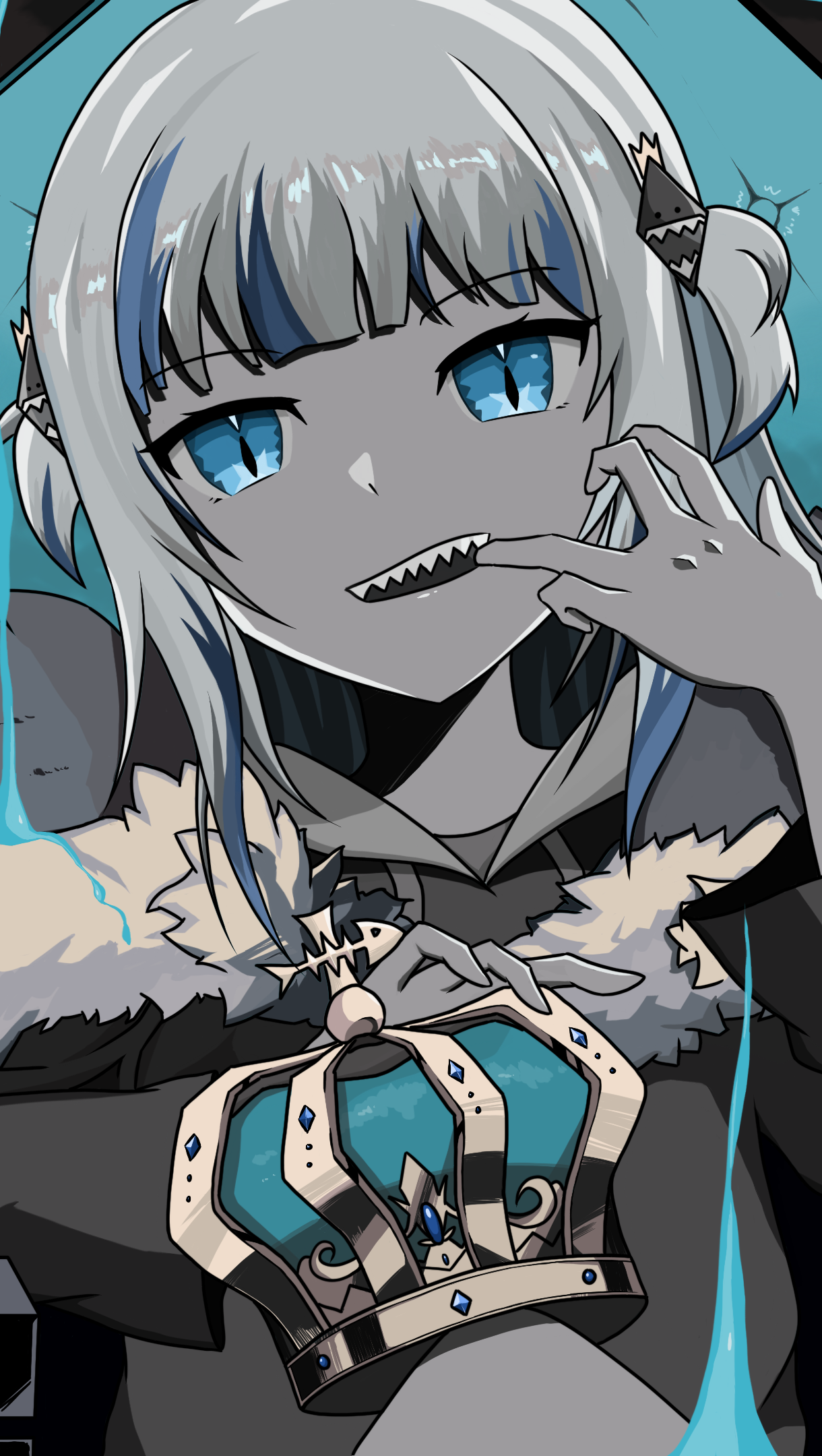 Anime-style phone wallpaper featuring Gawr Gura, the Virtual YouTuber, with bright blue eyes and shark-themed accessories on a dark background.