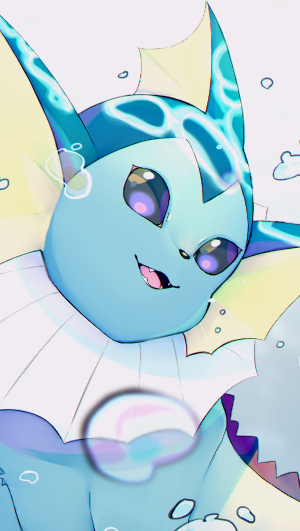 Anime-style Vaporeon (Pokémon) phone wallpaper — close-up underwater portrait with bubbles, soft pastel blues and purples, playful expression.