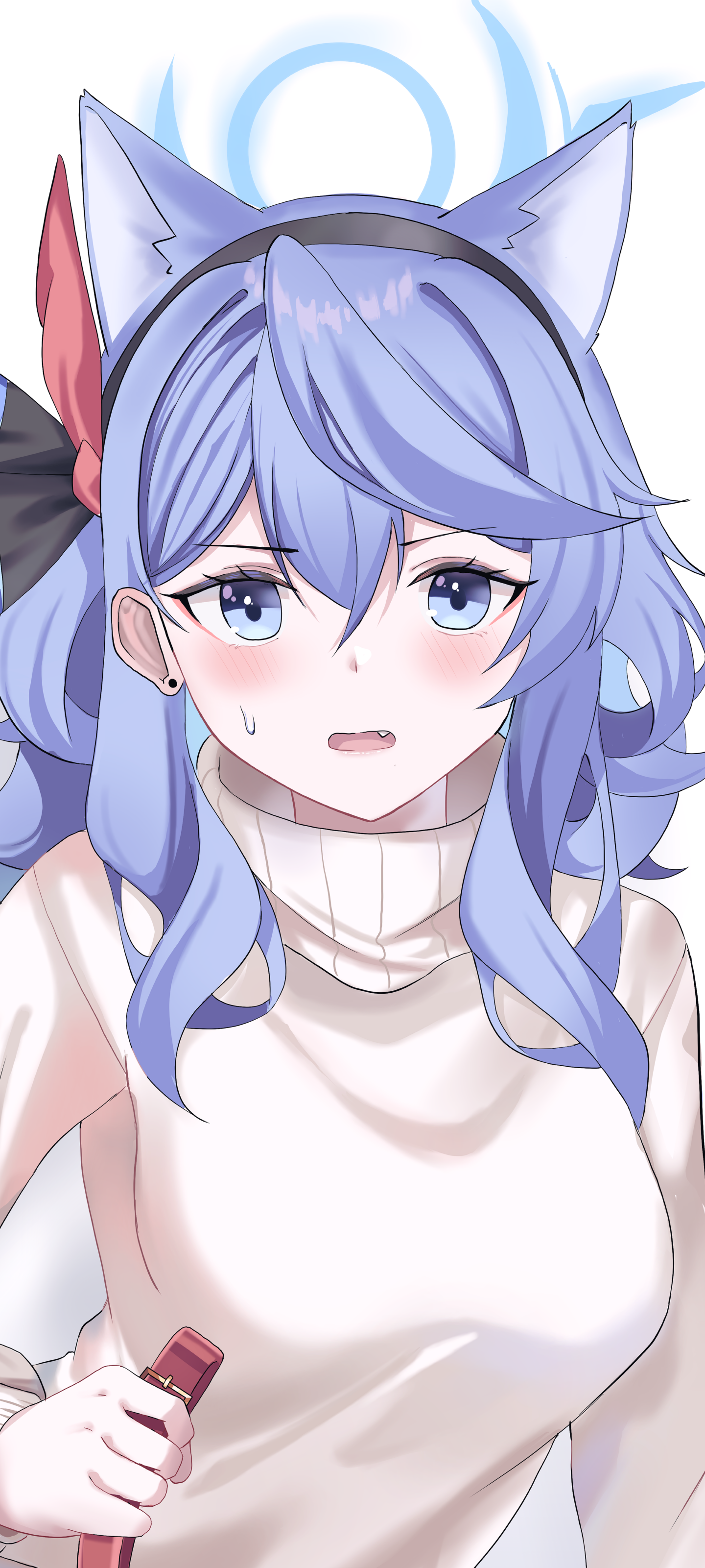 Phone wallpaper of Amau Ako from the Blue Archive video game: blue-haired, cat-eared girl in a white turtleneck with a worried expression, holding a lipstick.