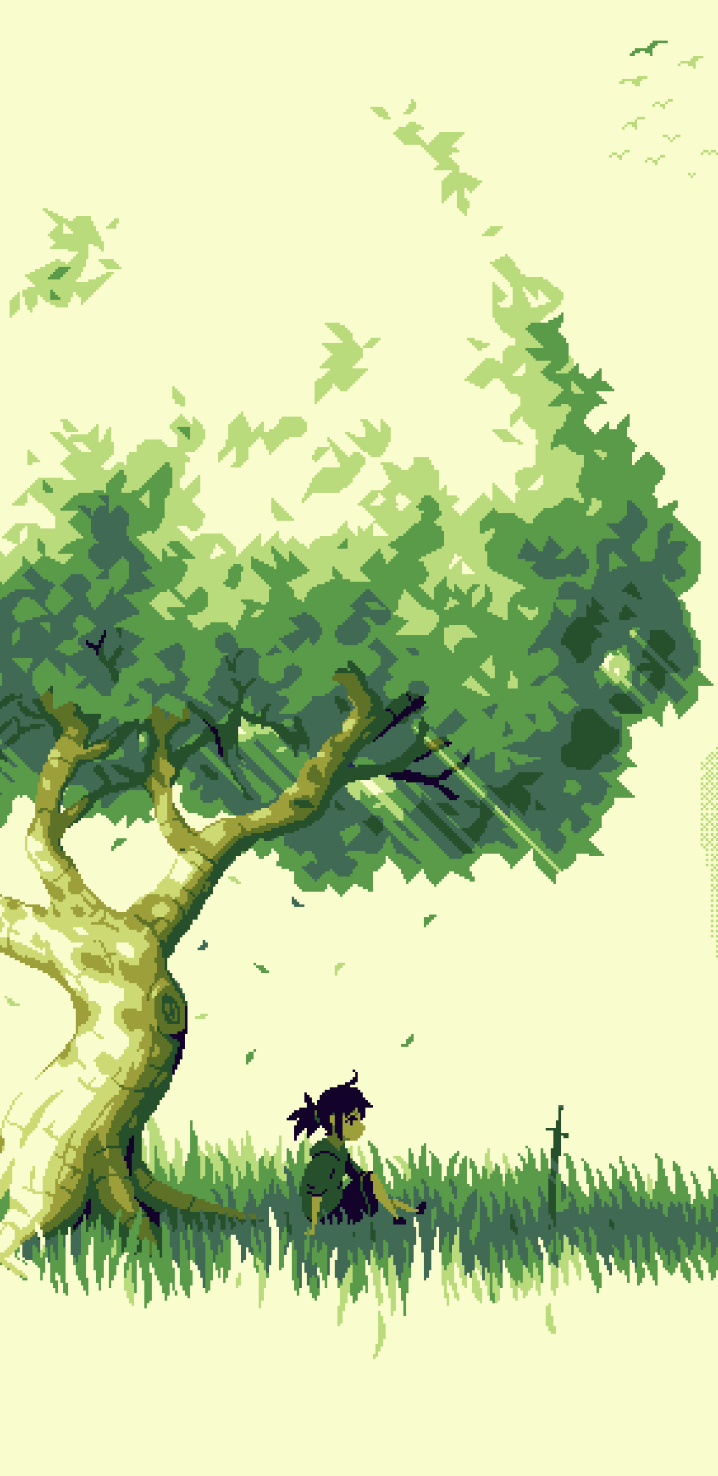 Artistic pixel art phone wallpaper depicting a person sitting under a large leafy tree on a grassy field with birds flying, designed for display on iPhones and Android phones.