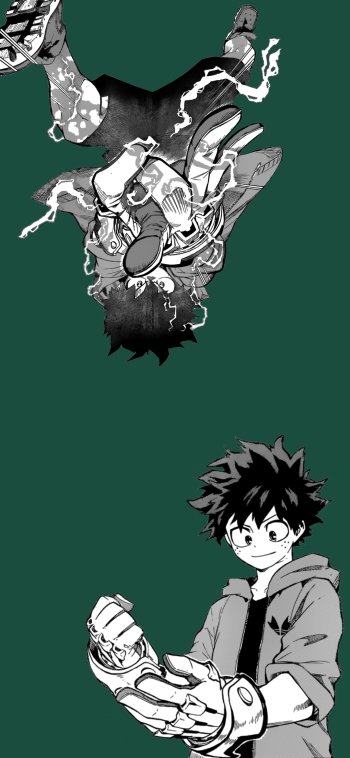 Anime phone wallpaper of Izuku Midoriya (My Hero Academia) on a green background: two contrasting portraits — a smiling, gloved hero below and an electrified, upside-down darker silhouette above.